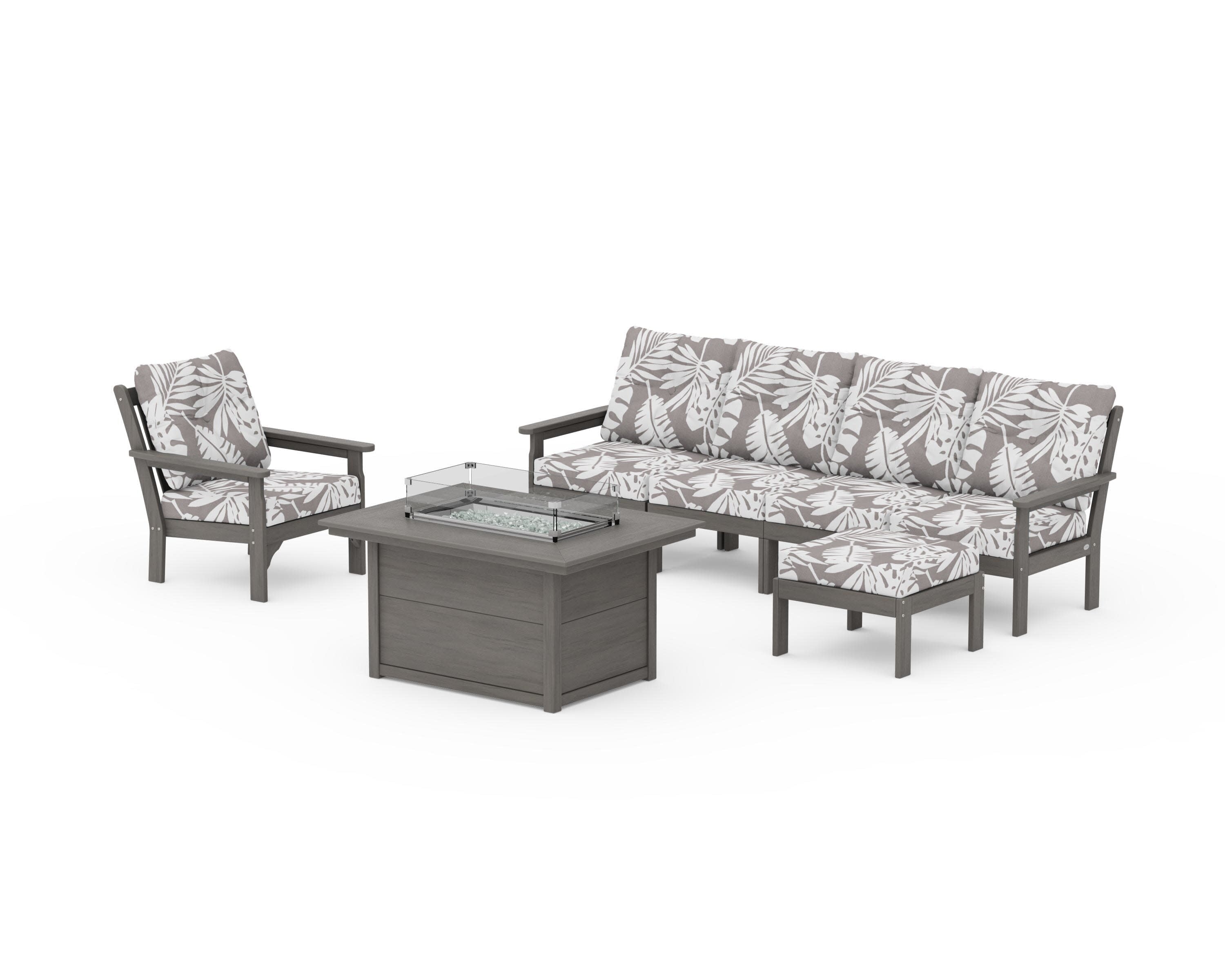 Vineyard Sectional Lounge and Fire Pit Set in Driftwood / Leaf Grey Mist