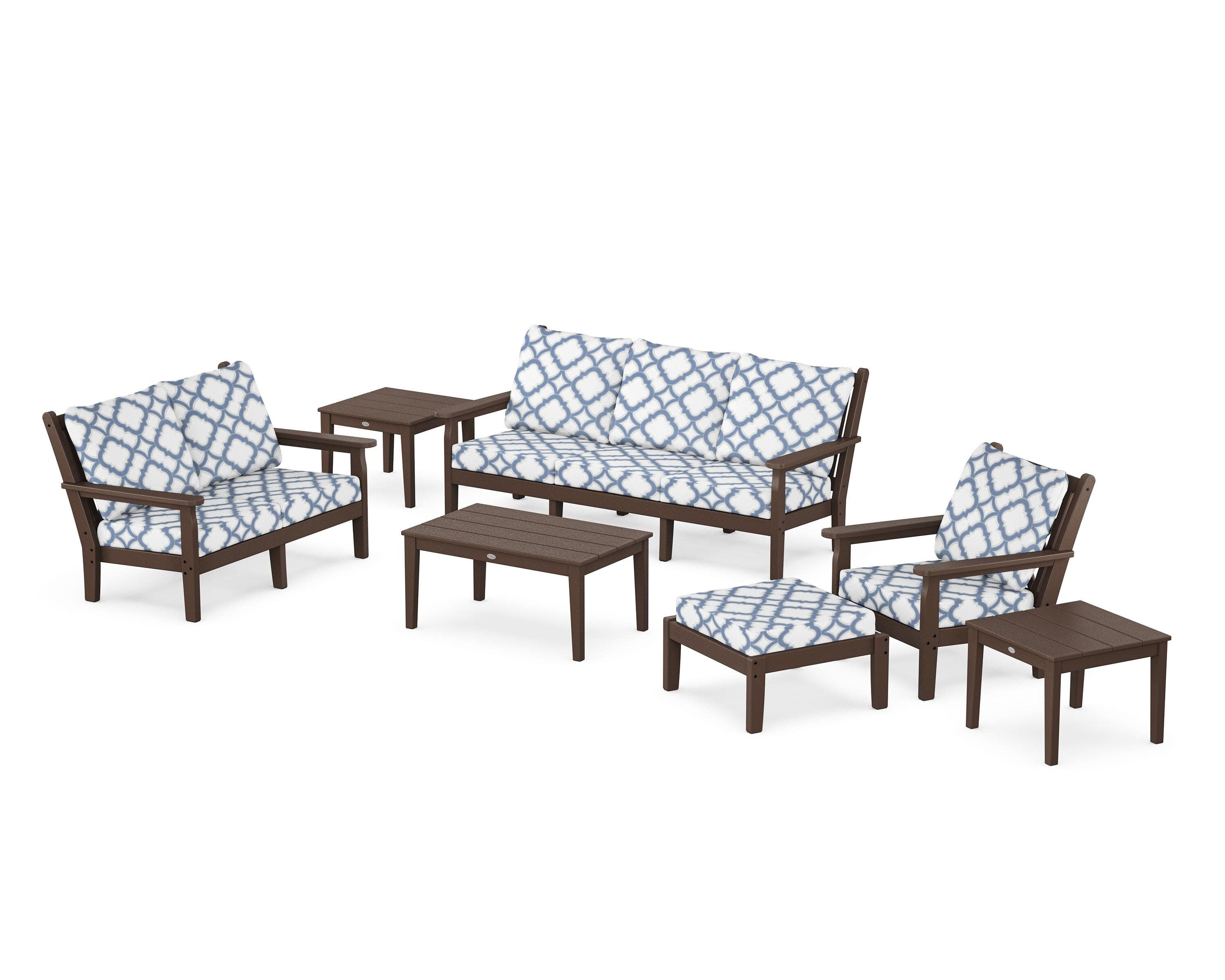 Chippendale 7-Piece Deep Seating Set in Mahogany / Trellis Sky Blue
