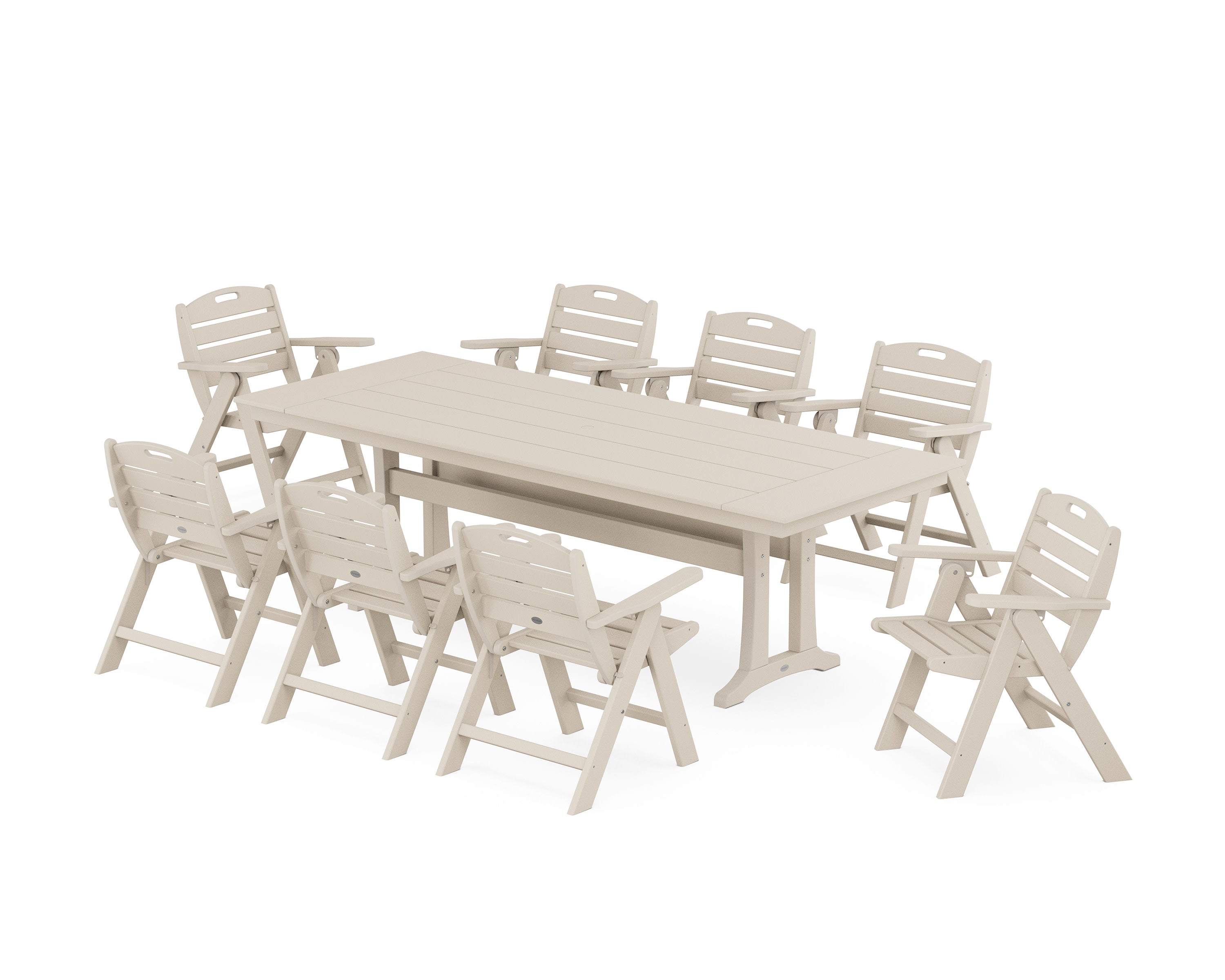 Nautical Lowback 9-Piece Farmhouse Dining Set with Trestle Legs in Sand