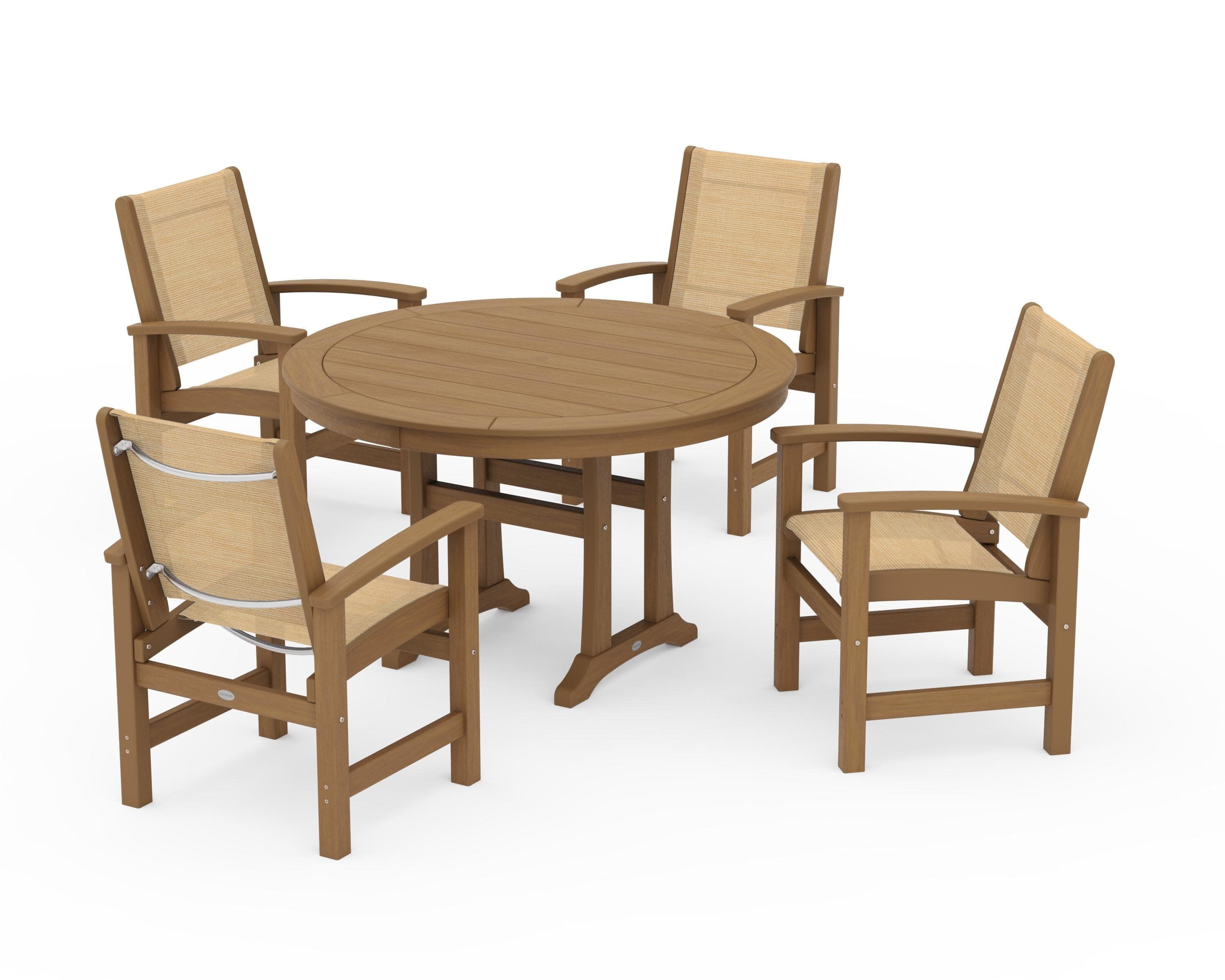 Coastal 5-Piece Round Dining Set with Trestle Legs in Natural / Dupioni Apricot Sling