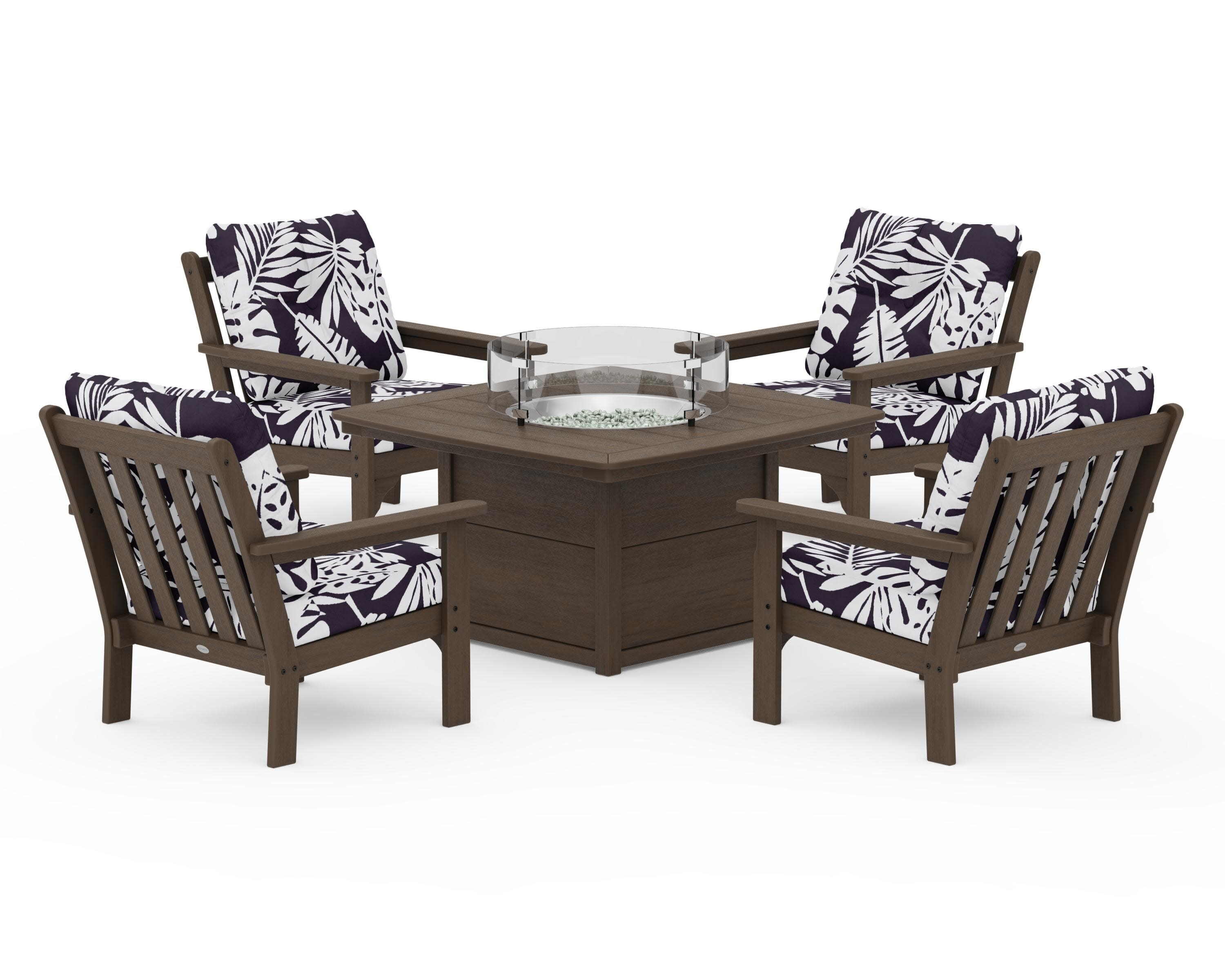 Vineyard 5-Piece Conversation Set with Fire Pit Table in Kona / Leaf Navy