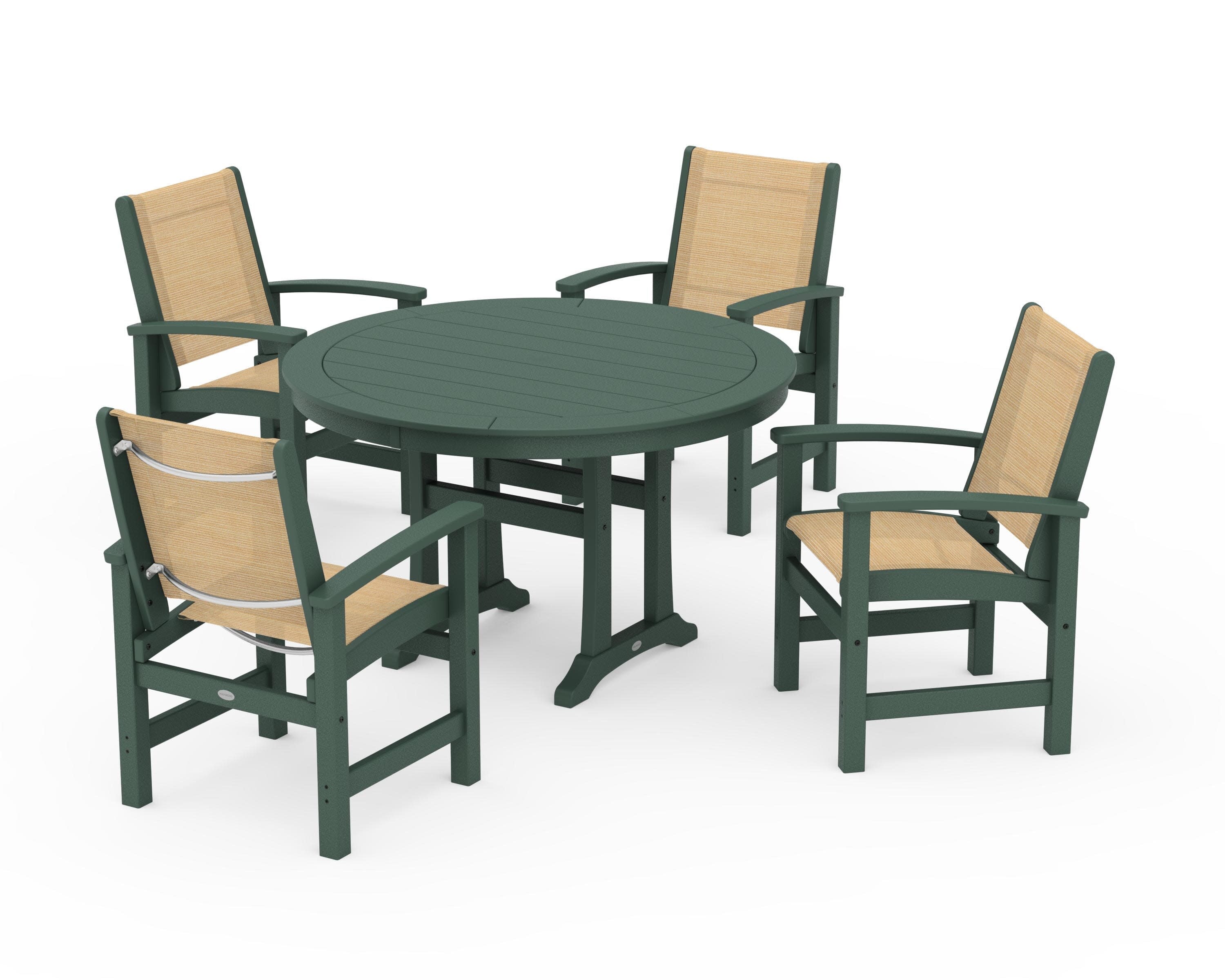 Coastal 5-Piece Round Dining Set with Trestle Legs in Green / Dupioni Apricot Sling