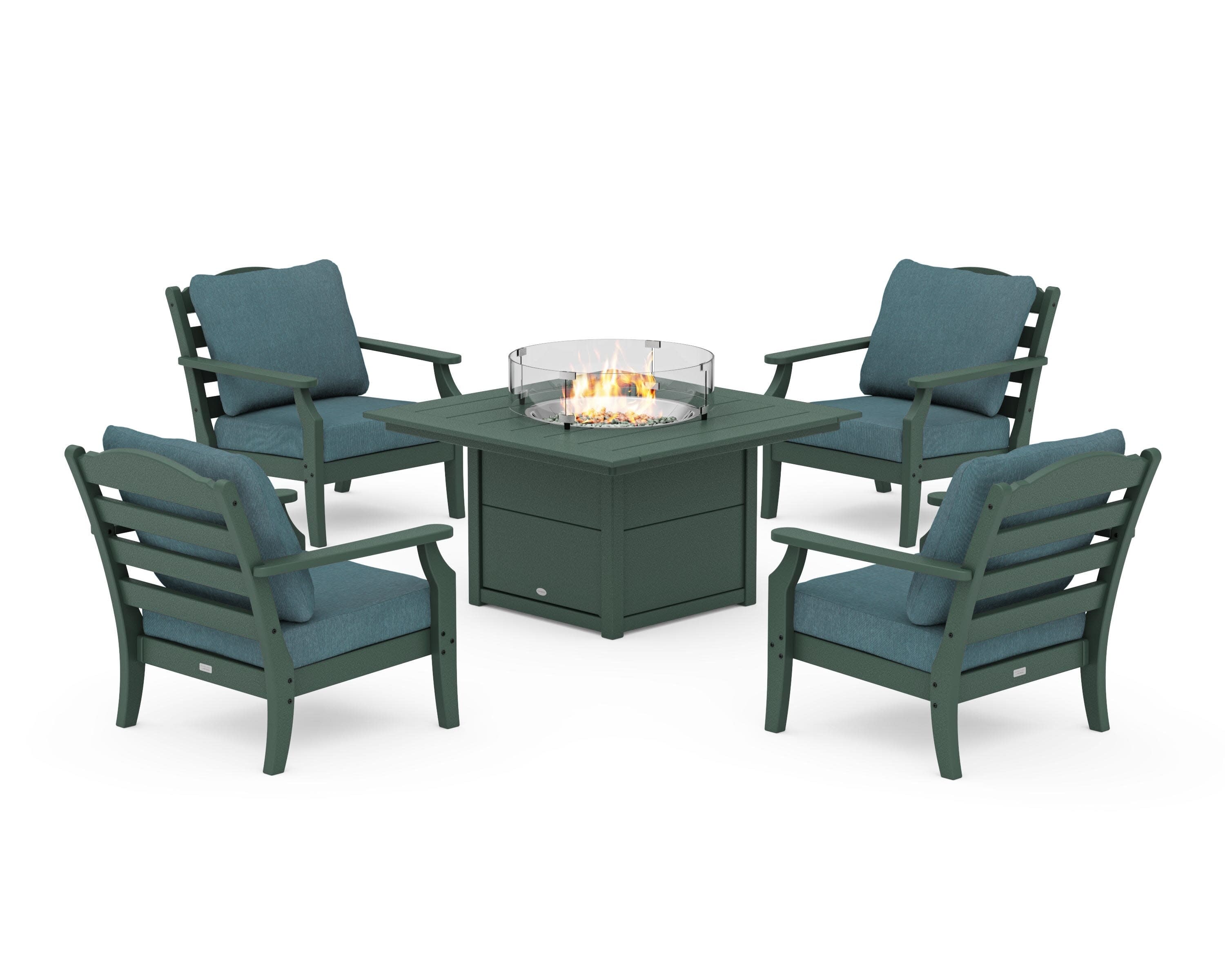Savannah 5-Piece Deep Seating Set with Fire Pit Table in Green / Ocean Teal