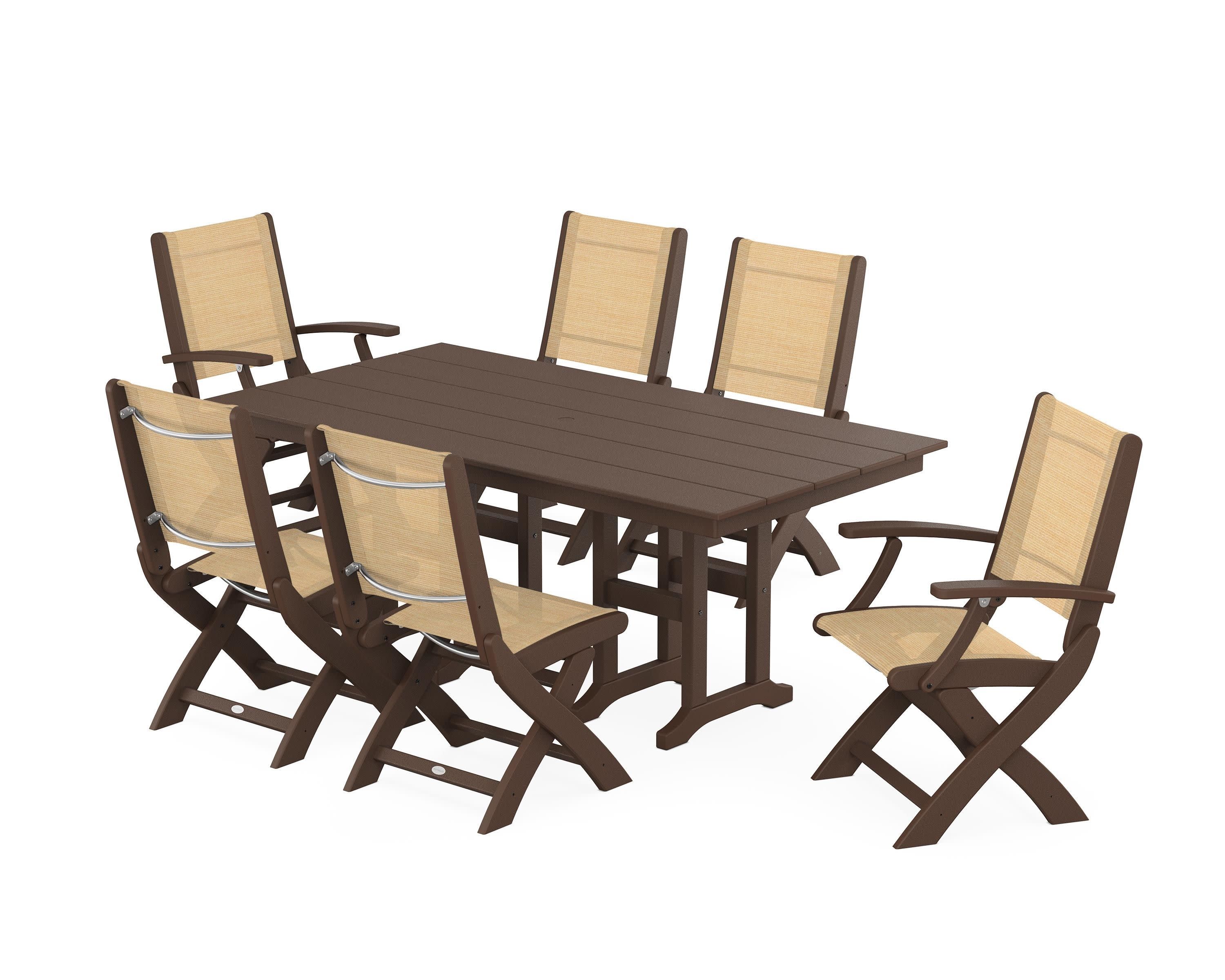 Coastal Folding Chair 7-Piece Farmhouse Dining Set in Mahogany / Dupioni Apricot Sling