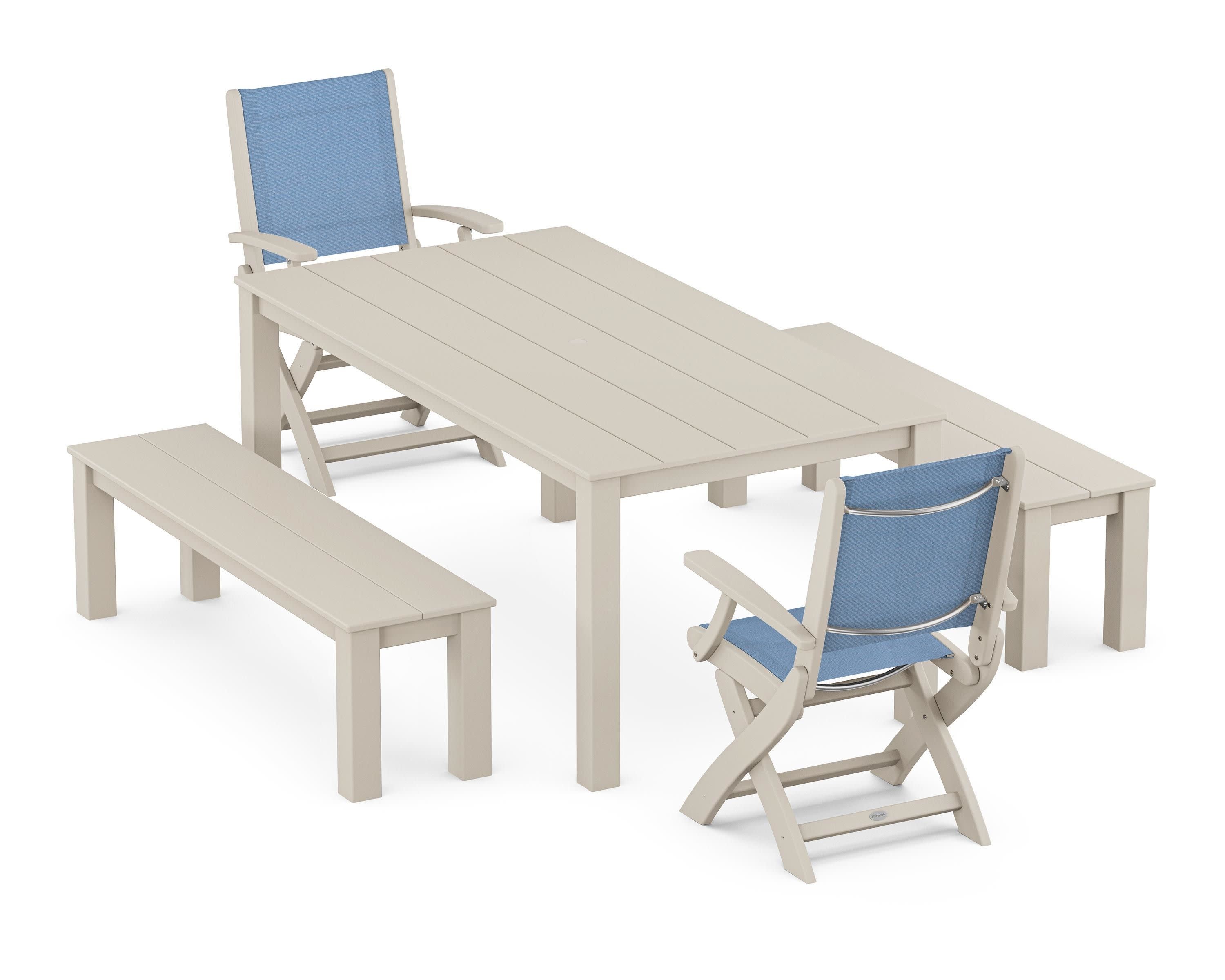 Coastal Folding Chair 5-Piece Parsons Dining Set with Benches in Sand / Poolside Sling