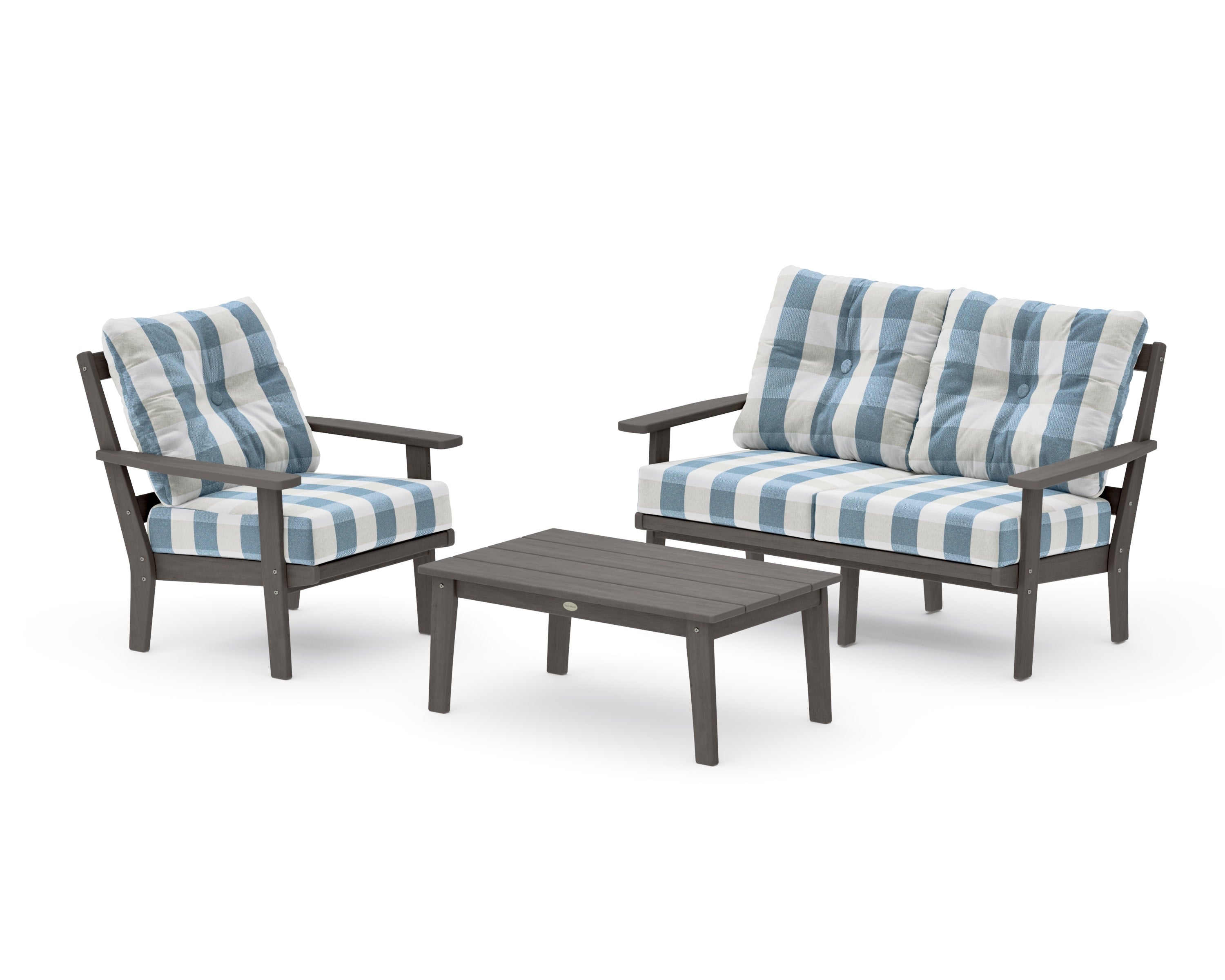 Prairie 3-Piece Deep Seating Set with Loveseat in Driftwood / Buffalo Plaid Sky Blue