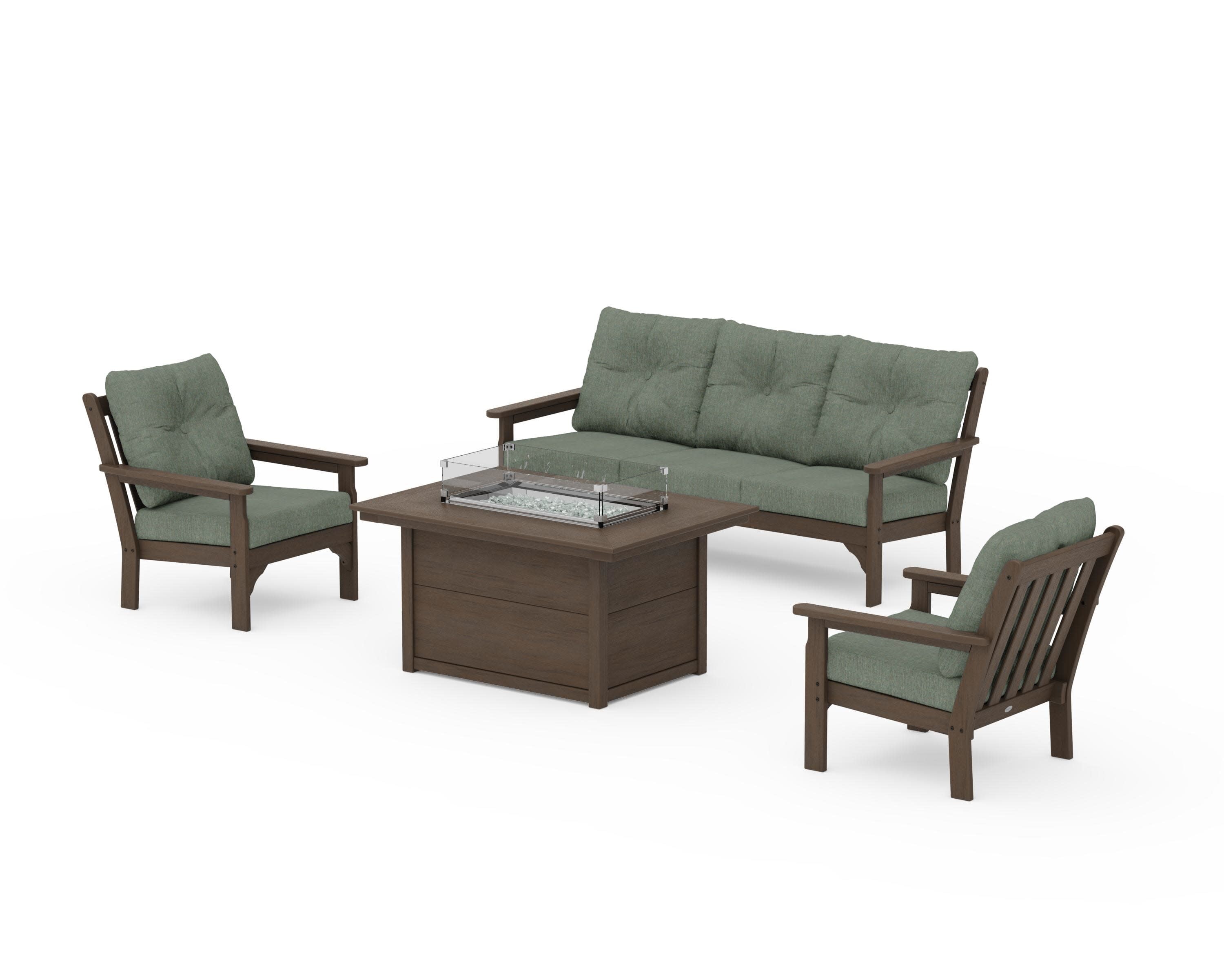 Vineyard Deep Seating Fire Pit Table Set in Kona / Cast Sage