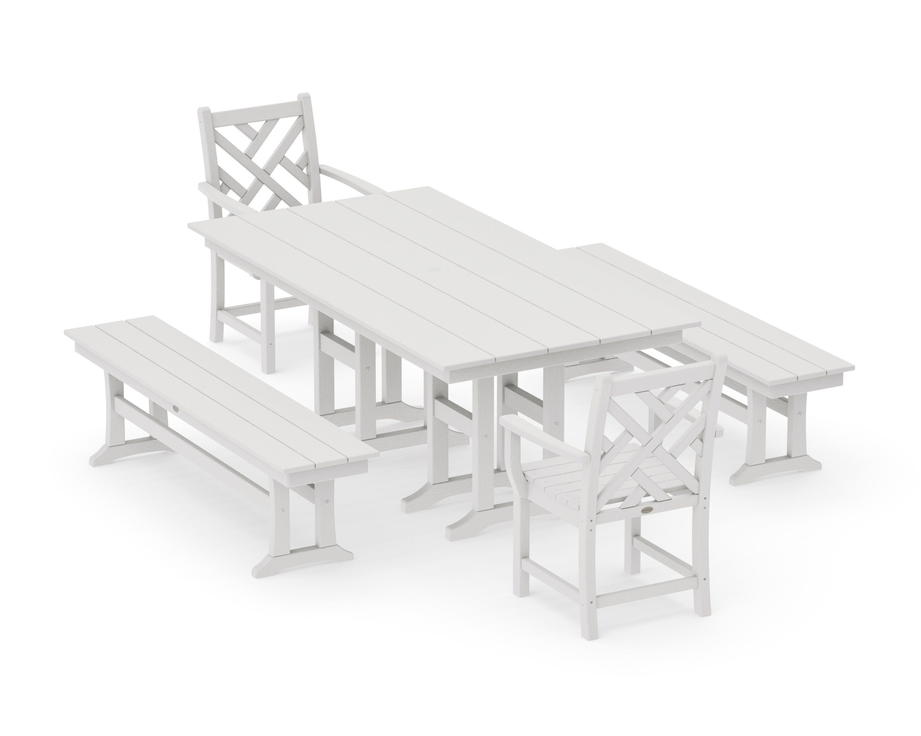 Chippendale 5-Piece Farmhouse Dining Set with Benches in Vintage White