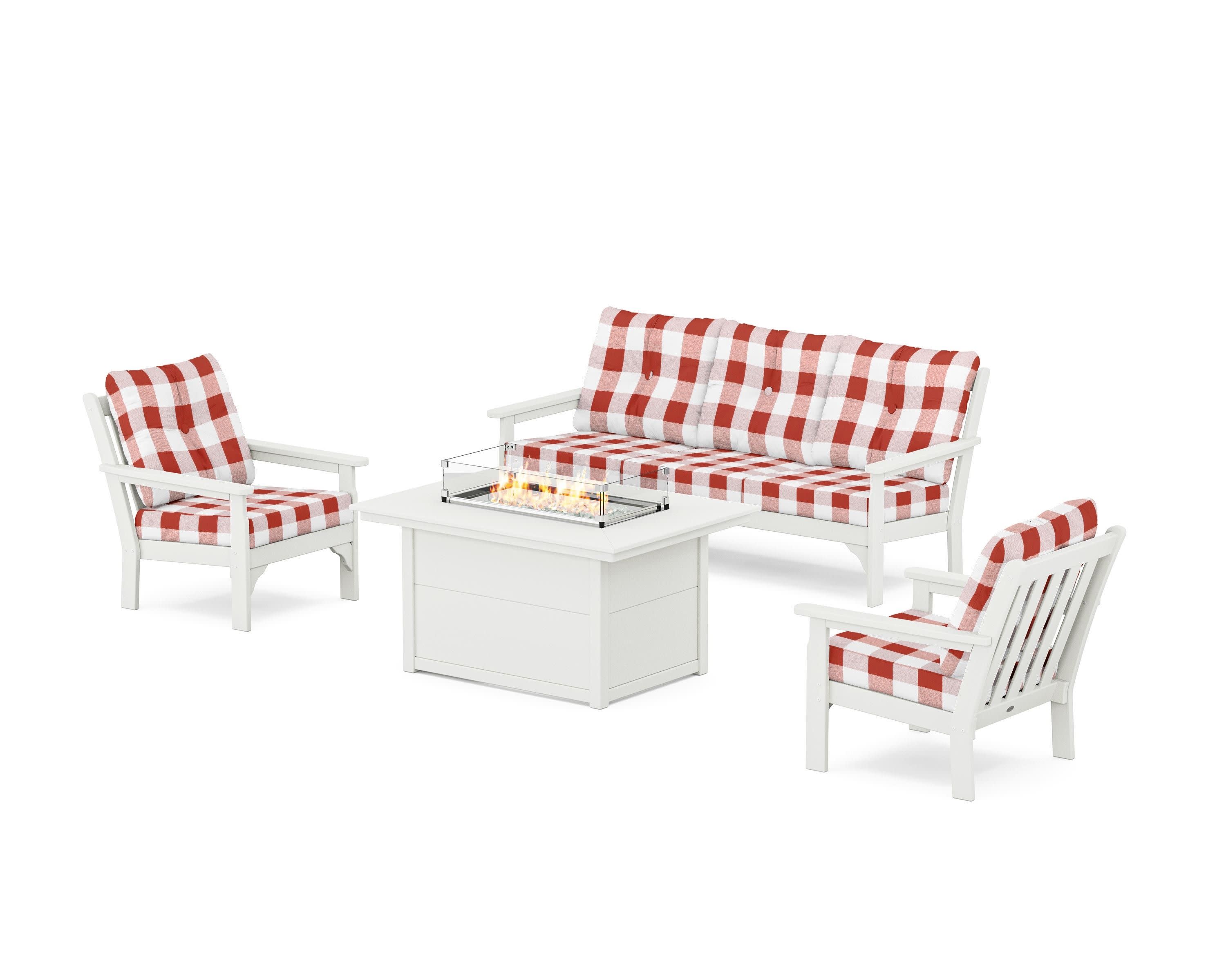 Vineyard Deep Seating Fire Pit Table Set in Vintage White / Buffalo Plaid Crimson