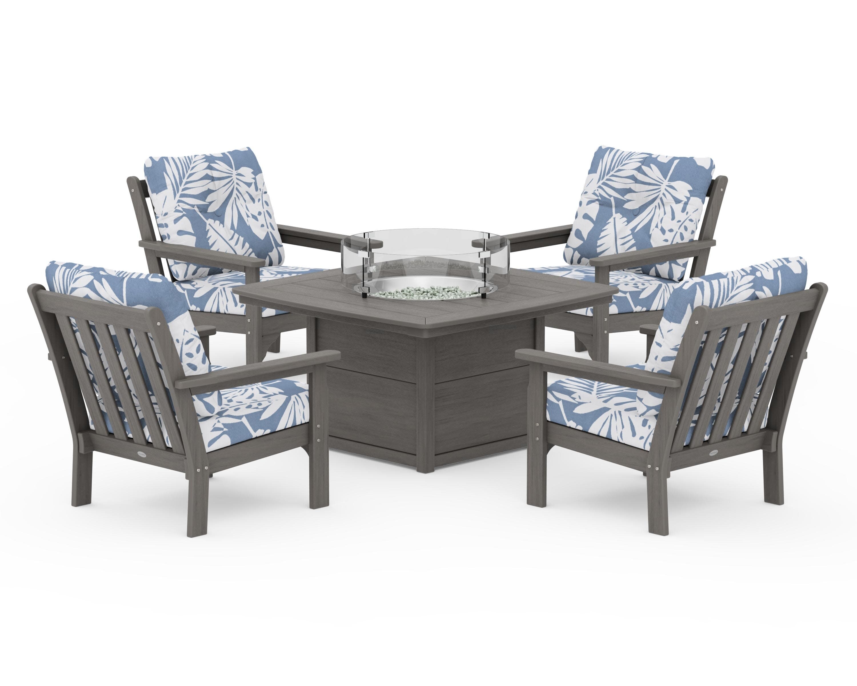 Vineyard 5-Piece Conversation Set with Fire Pit Table in Driftwood / Leaf Sky Blue