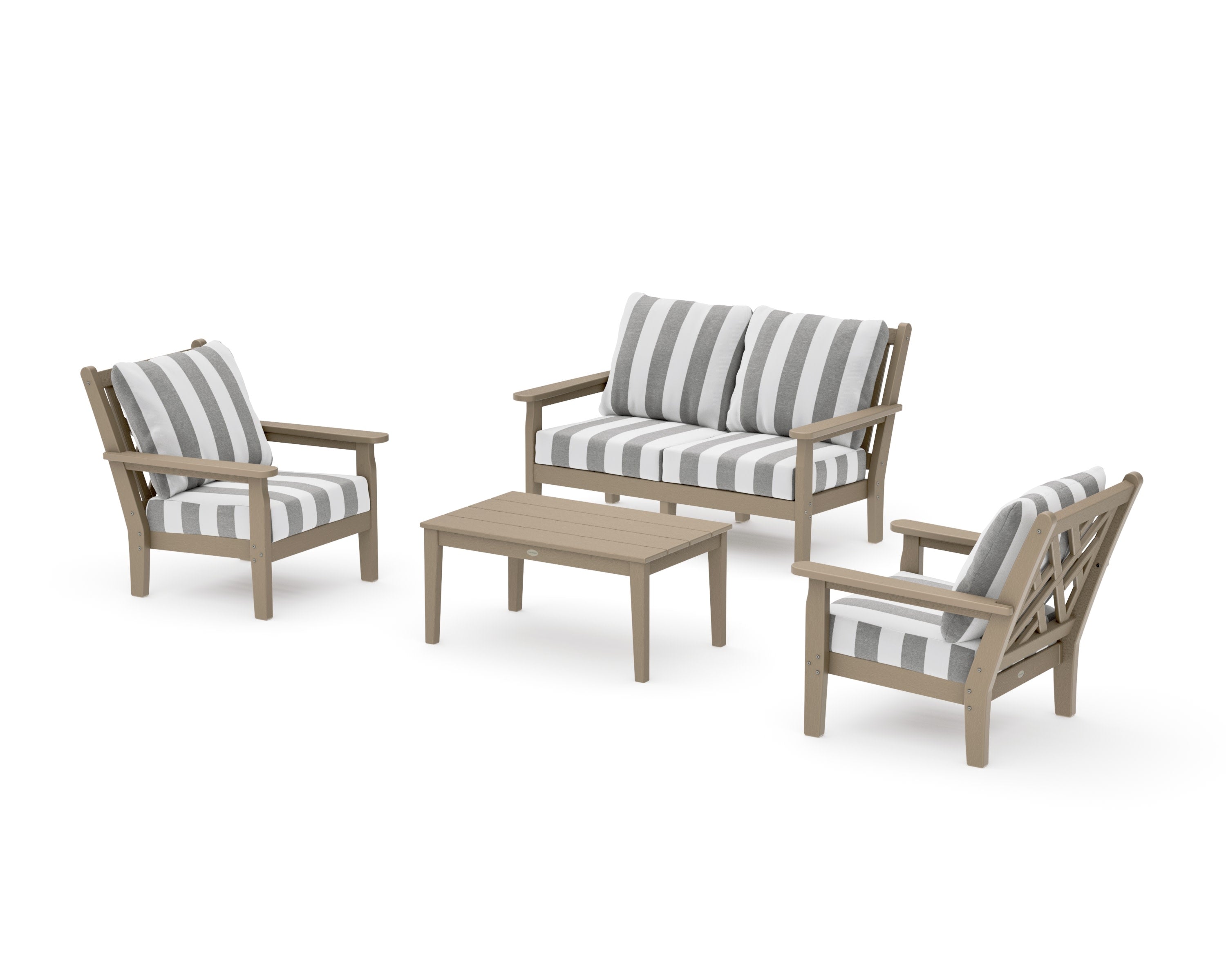 Chippendale 4-Piece Deep Seating Set with Loveseat in Vintage Sahara / Cabana Stripe Grey Mist