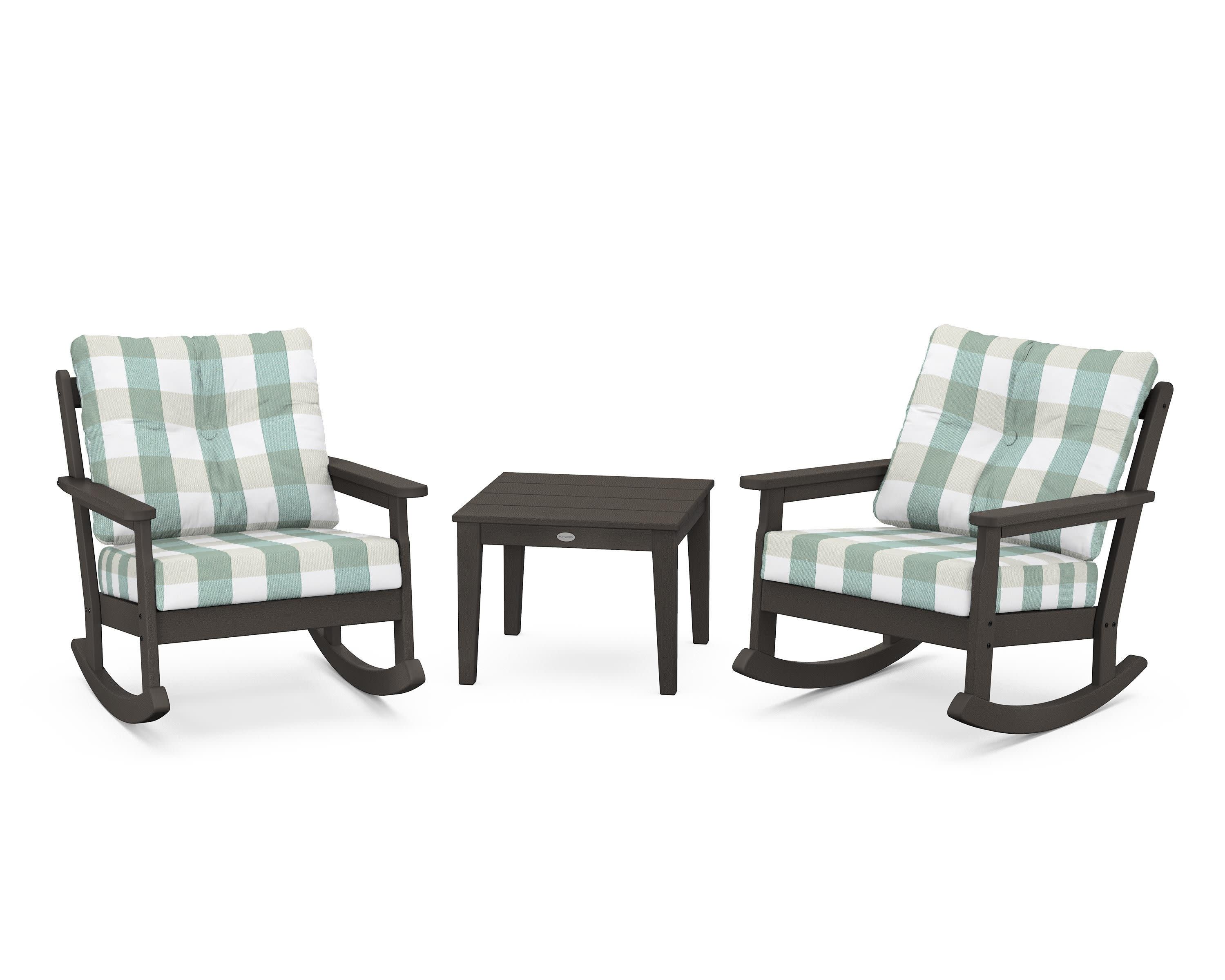 Vineyard 3-Piece Deep Seating Rocker Set in Vintage Coffee / Buffalo Plaid Glacier Spa