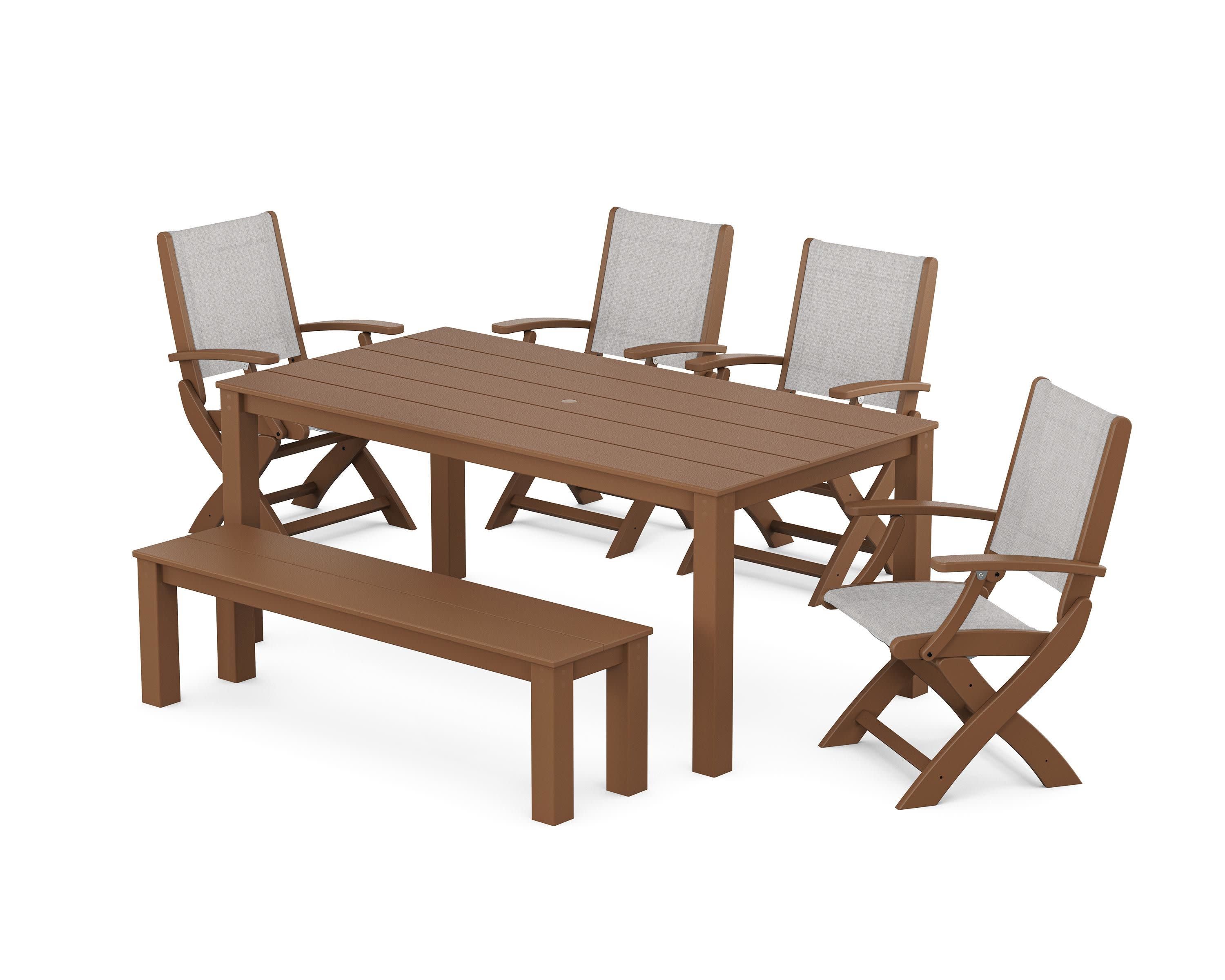 Coastal Folding Chair 6-Piece Parsons Dining Set with Bench in Teak / Parchment Sling