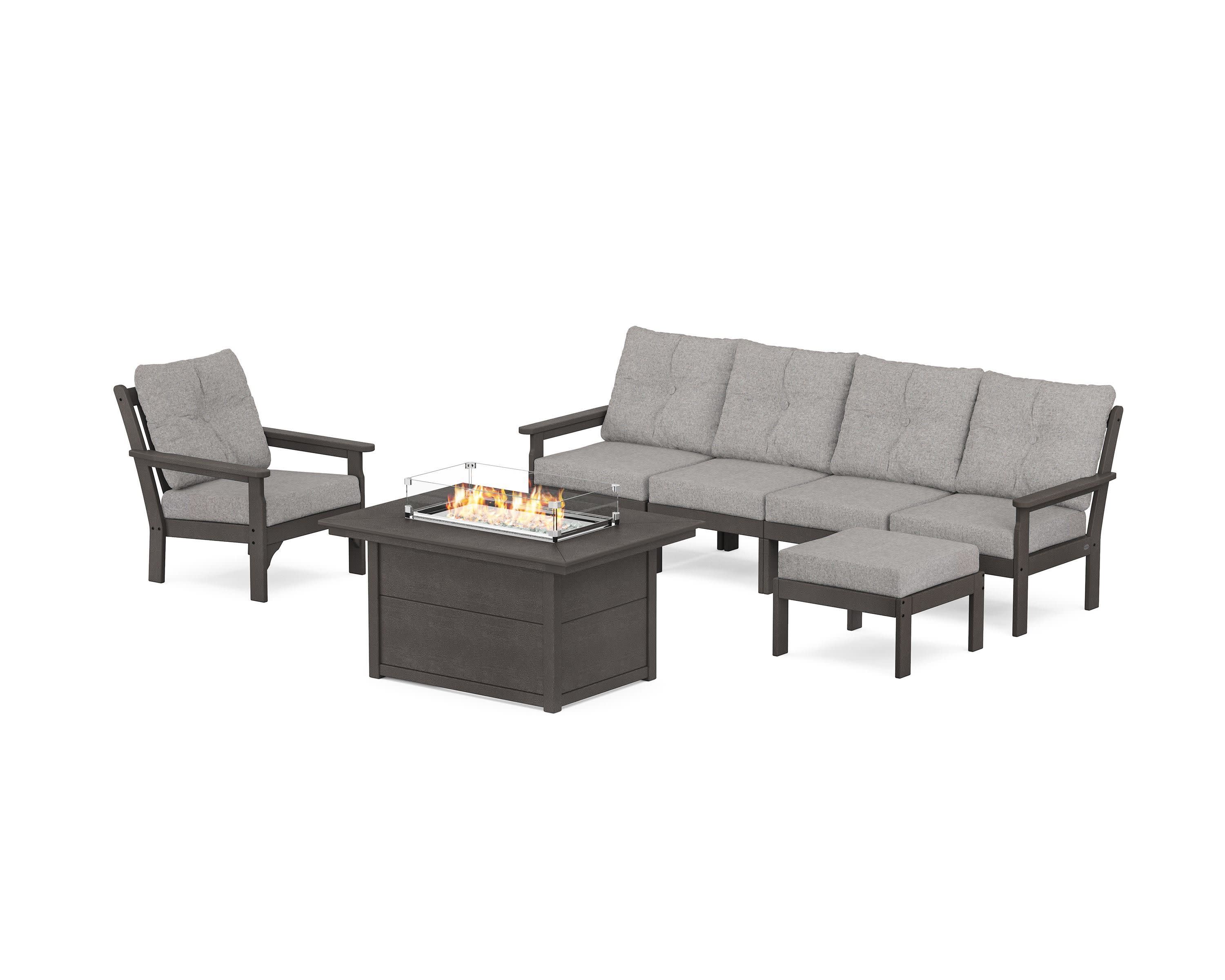 Vineyard Sectional Lounge and Fire Pit Set in Vintage Coffee / Grey Mist