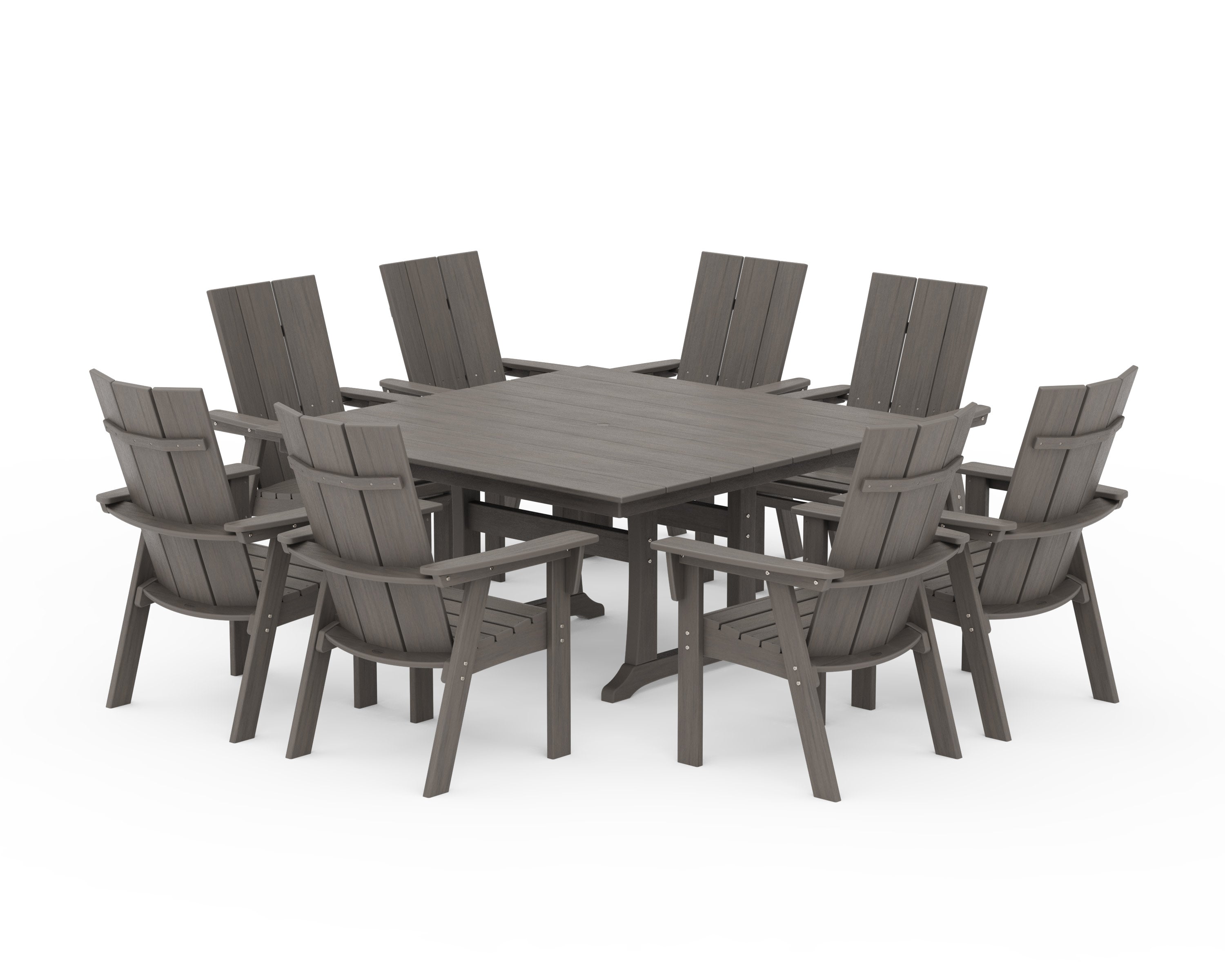 Modern Curveback Adirondack 9-Piece Farmhouse Trestle Dining Set in Driftwood