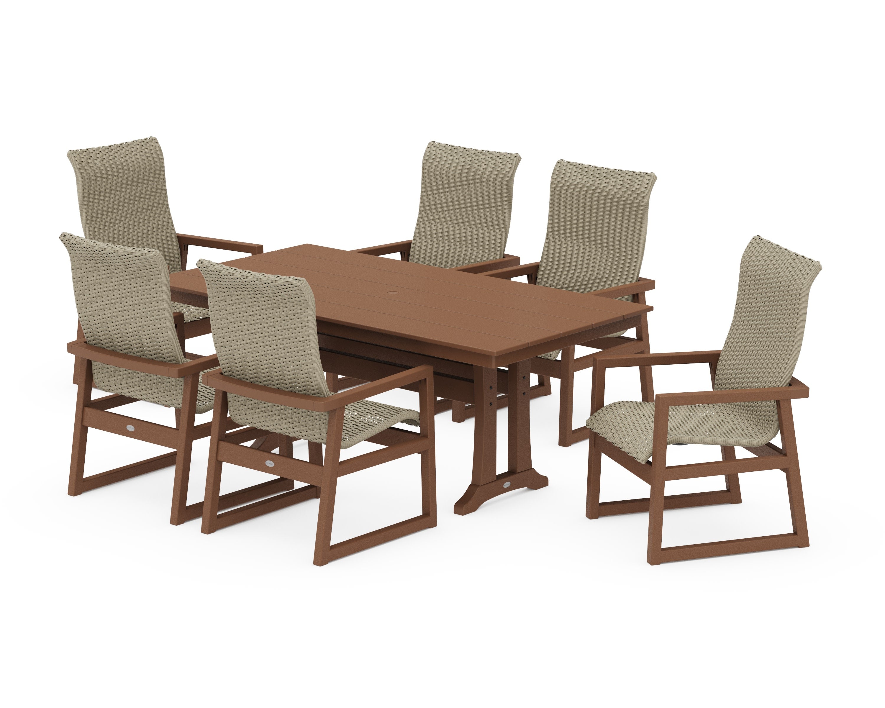EDGE Woven Highback Arm Chair 7-Piece Farmhouse Dining Set with Trestle Legs in Teak / Dune Grass