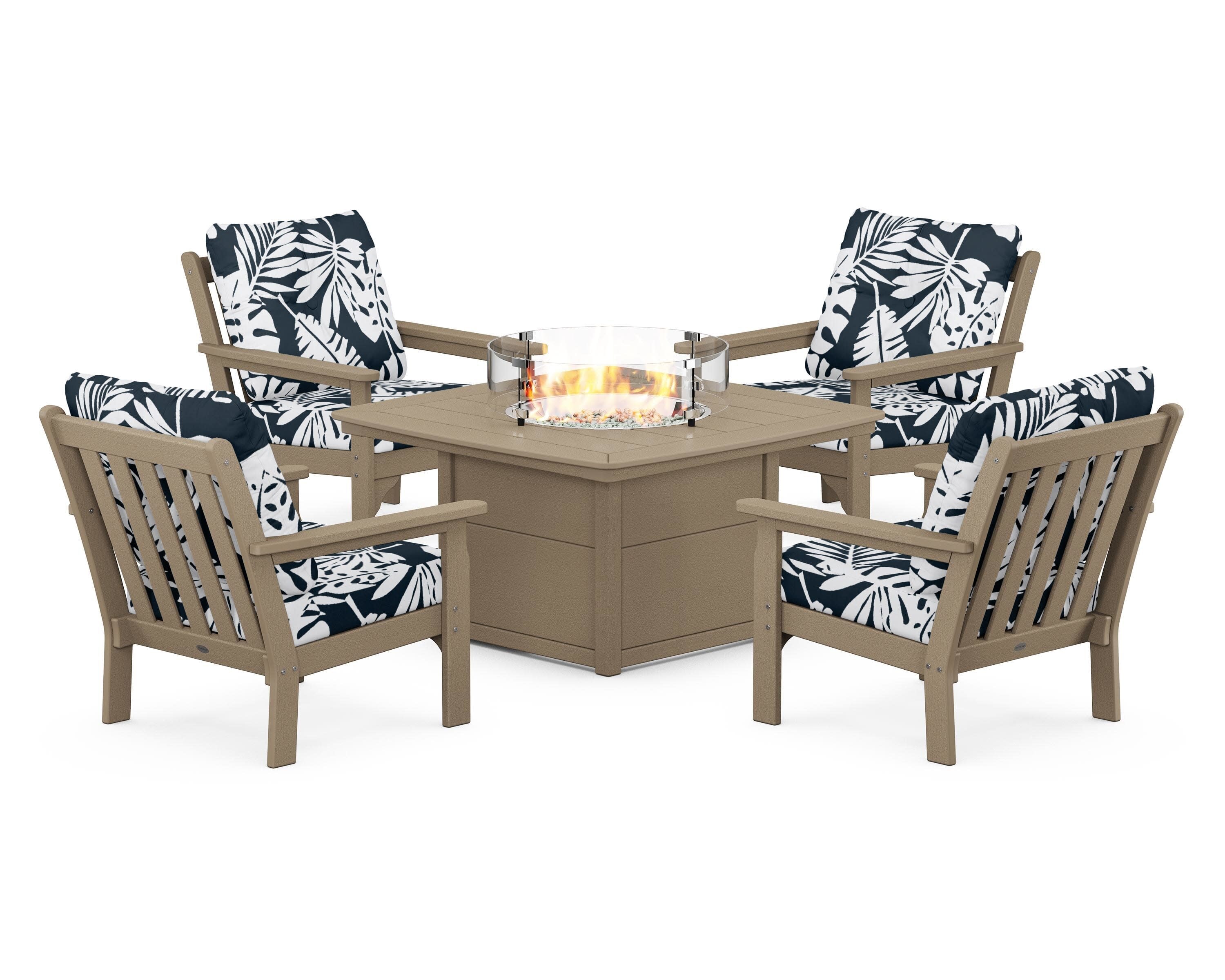 Vineyard 5-Piece Conversation Set with Fire Pit Table in Vintage Sahara / Leaf Marine Indigo