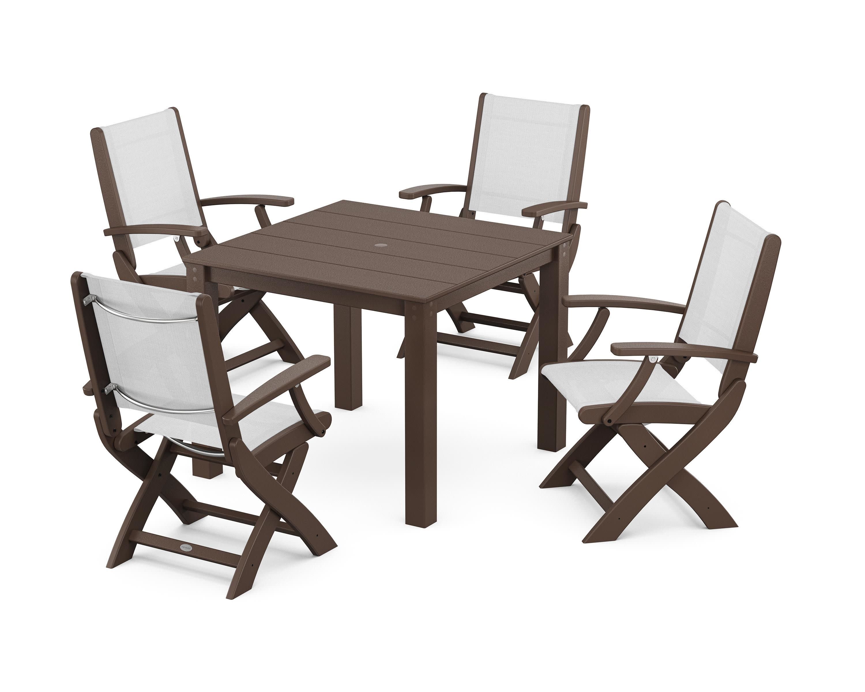 Coastal Folding Chair 5-Piece Parsons Dining Set in Mahogany / White Sling