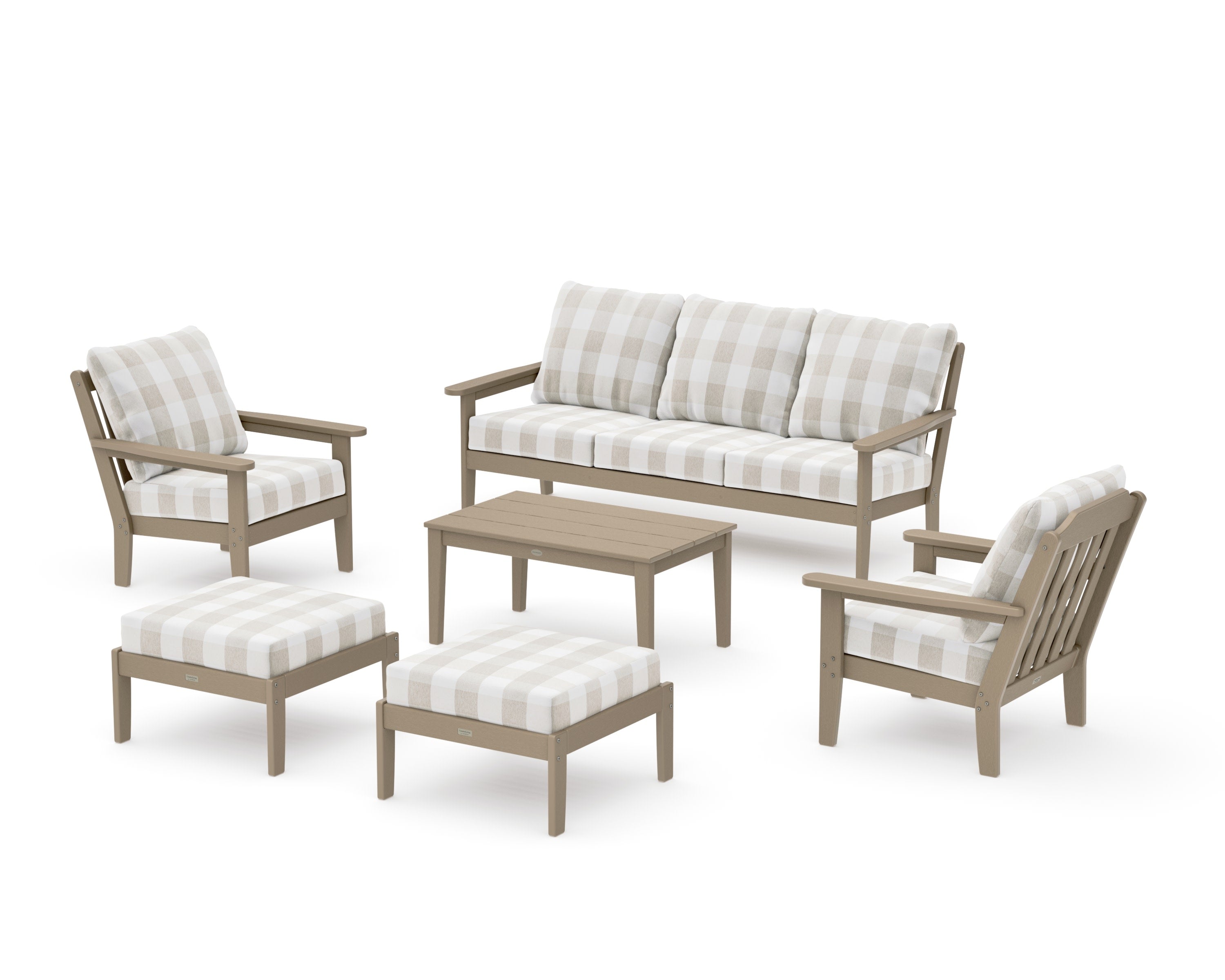 Cottage 6-Piece Lounge Sofa Set in Vintage Sahara / Buffalo Plaid Dune Burlap