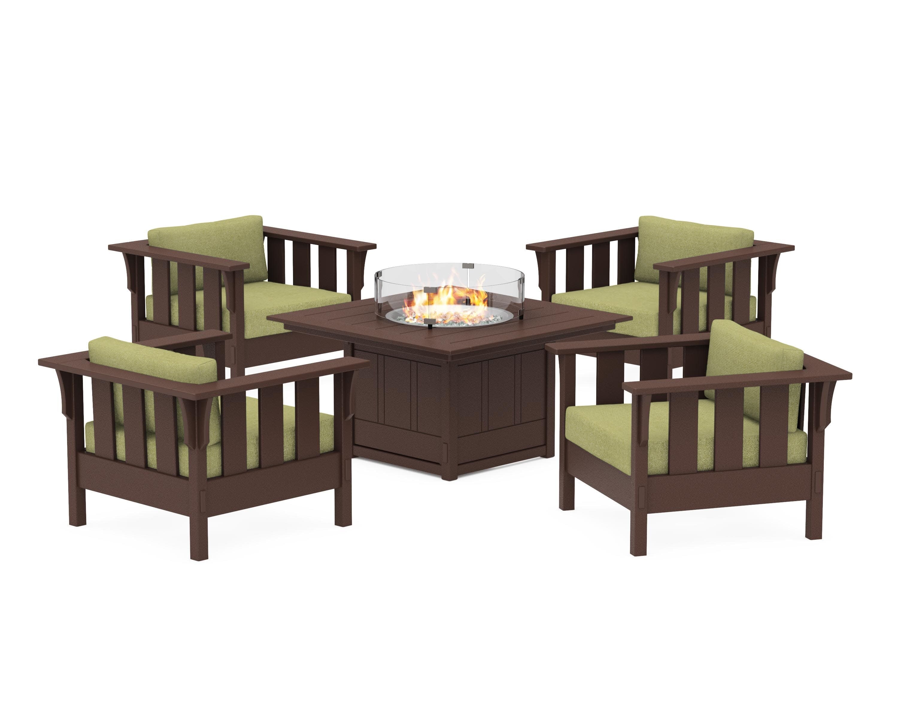 Acadia 5-Piece Deep Seating Set with Fire Pit Table in Mahogany / Chartreuse Boucle