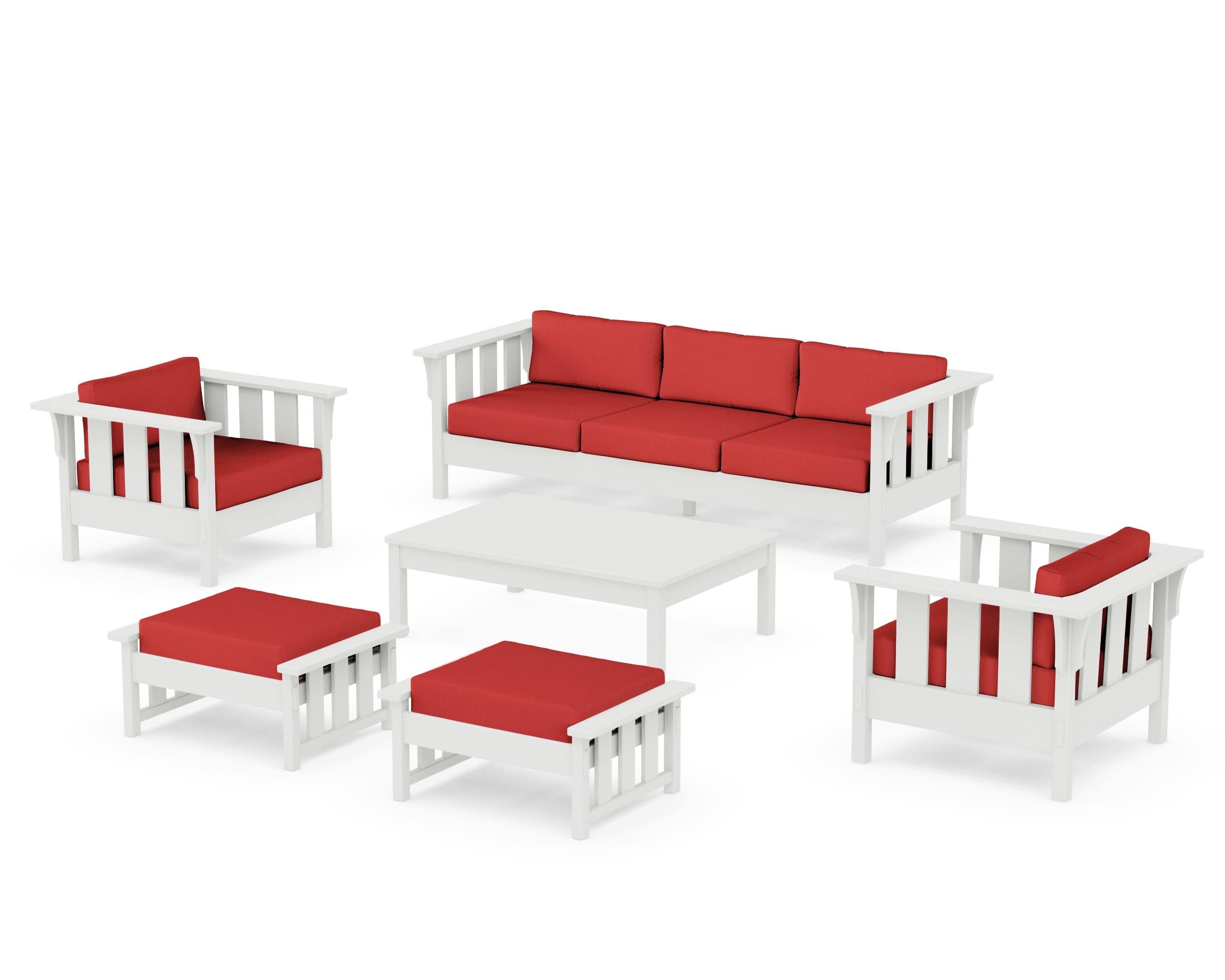 Acadia 6-Piece Lounge Sofa Set in Vintage White / Crimson Linen