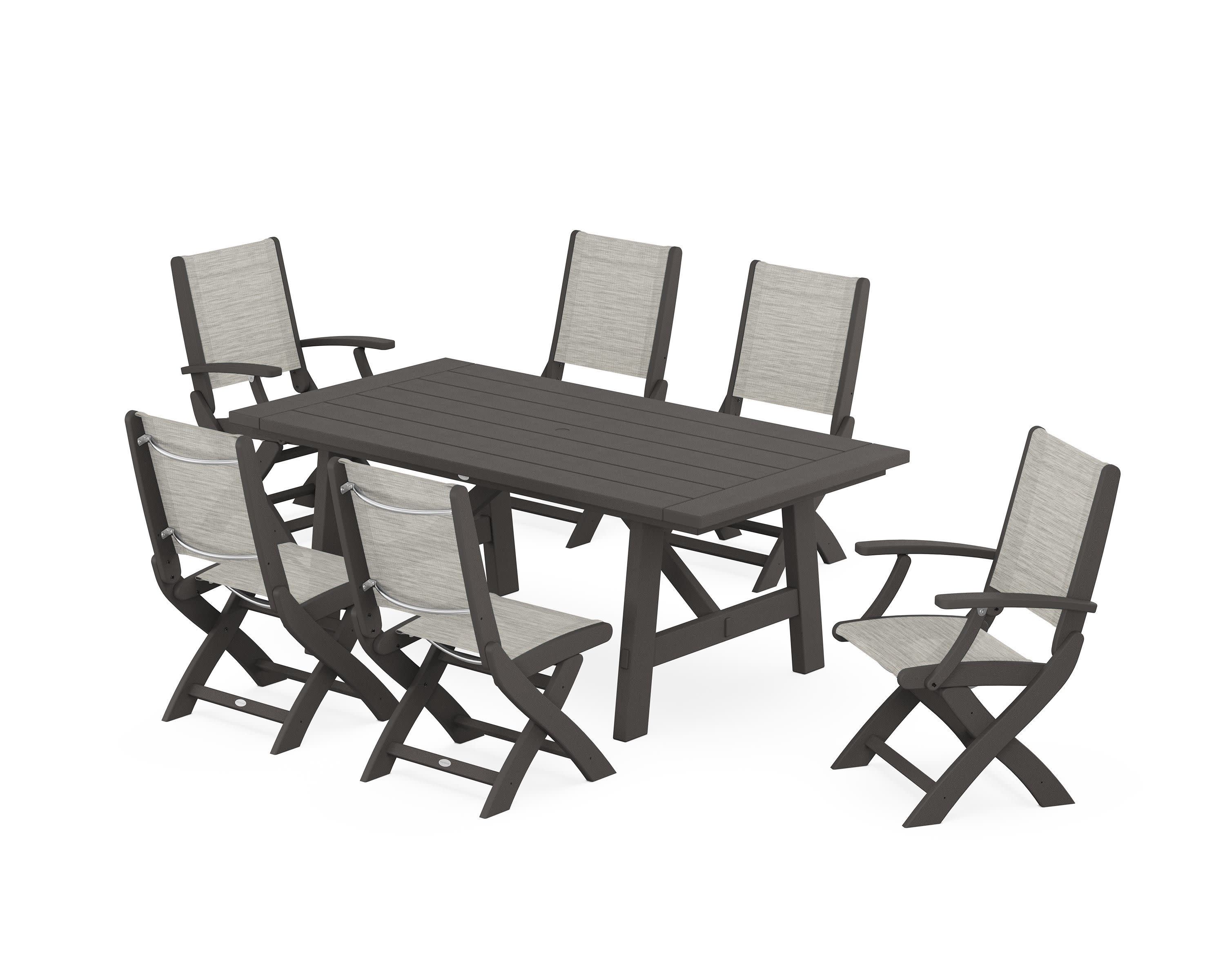 Coastal Folding Chair 7-Piece Rustic Farmhouse Dining Set in Vintage Coffee / Birch Sling