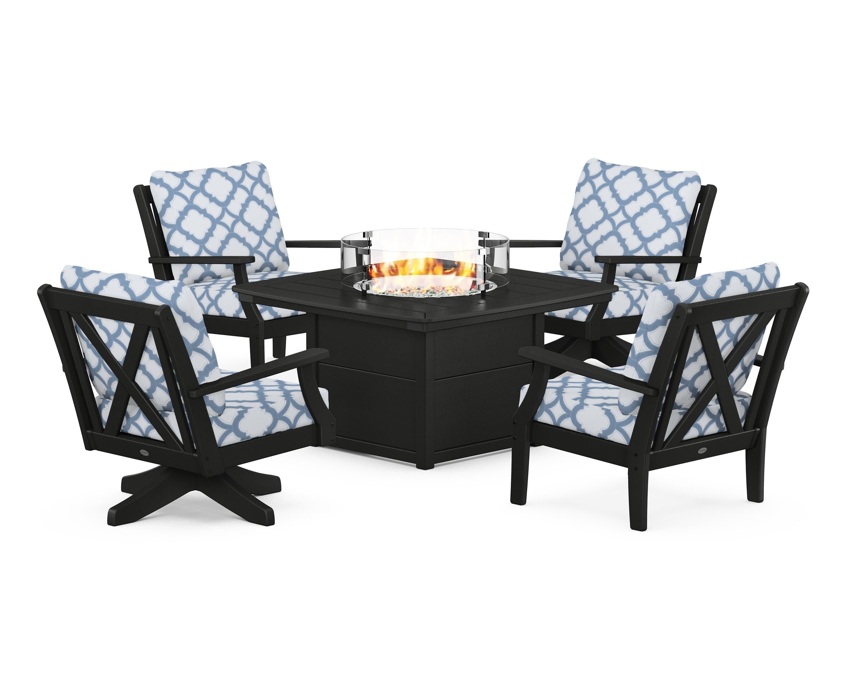 Braxton 5-Piece Deep Seating Set with Fire Table in Black / Trellis Sky Blue