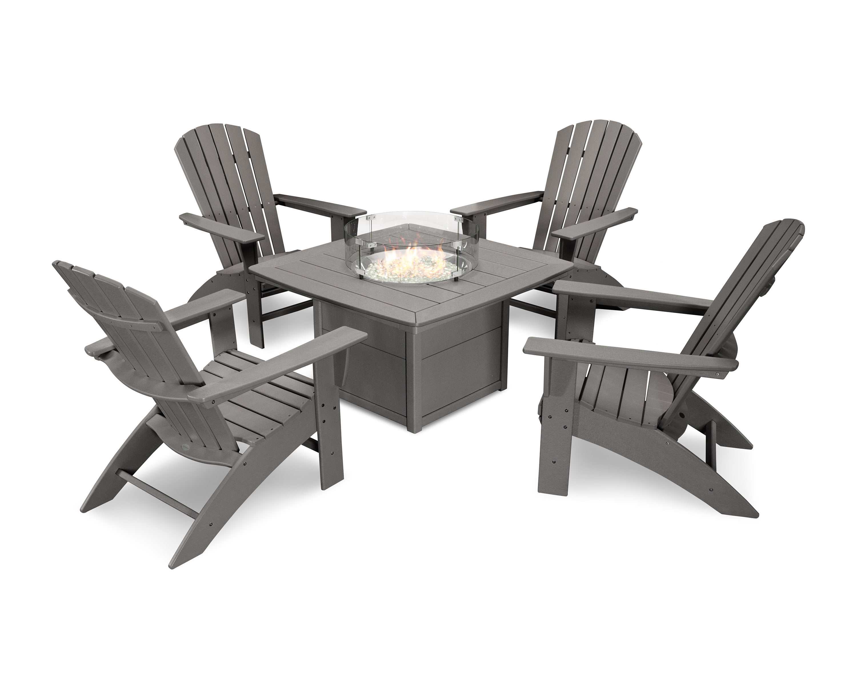 Nautical Curveback Adirondack 5-Piece Conversation Set with Fire Pit Table in Slate Grey