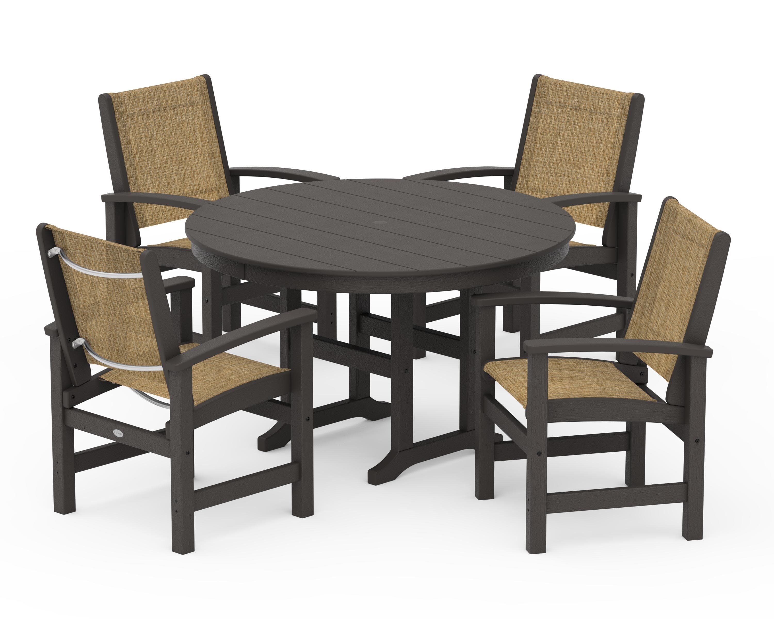 Coastal 5-Piece Round Farmhouse Dining Set in Vintage Coffee / Burlap Sling