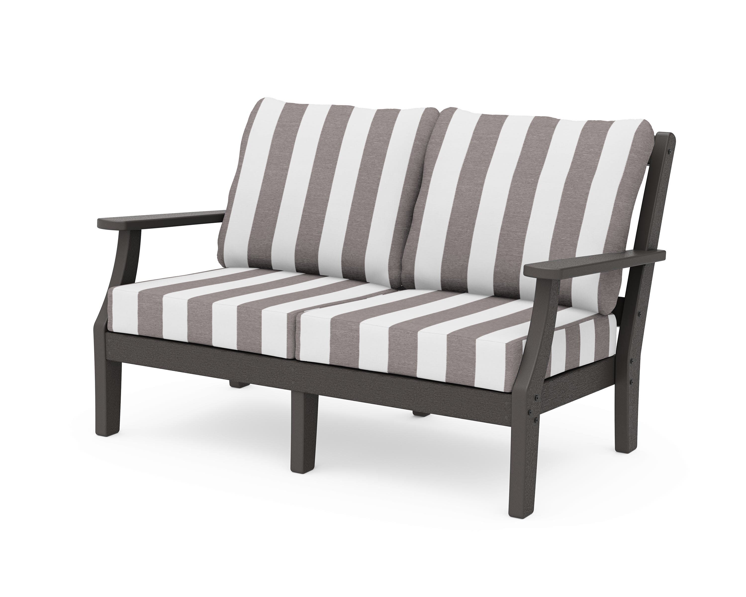 Chinoiserie Deep Seating Loveseat in Vintage Coffee / Cabana Stripe Grey Mist
