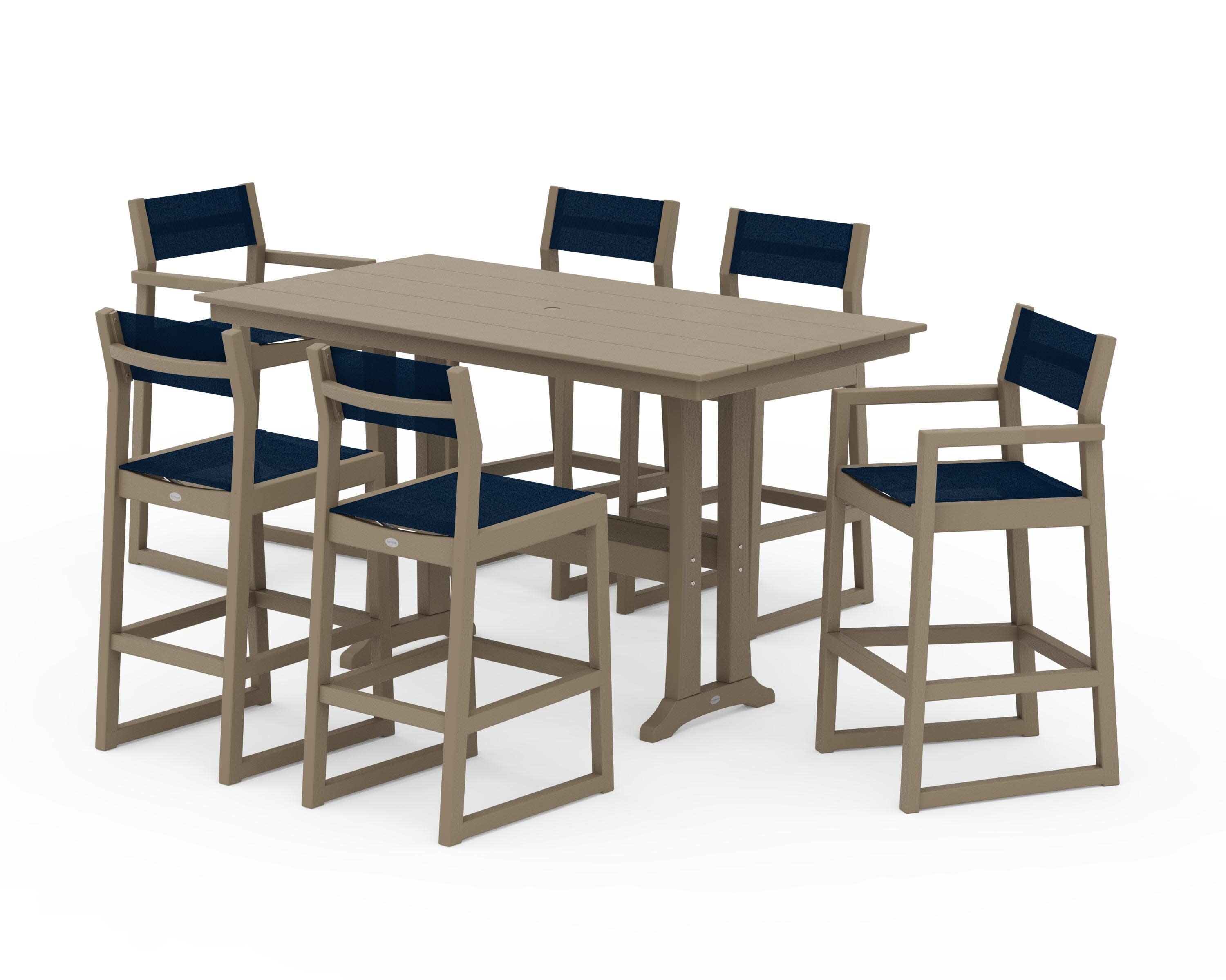EDGE Sling 7-Piece Farmhouse Bar Set with Trestle Legs in Vintage Sahara / Navy Blue Sling
