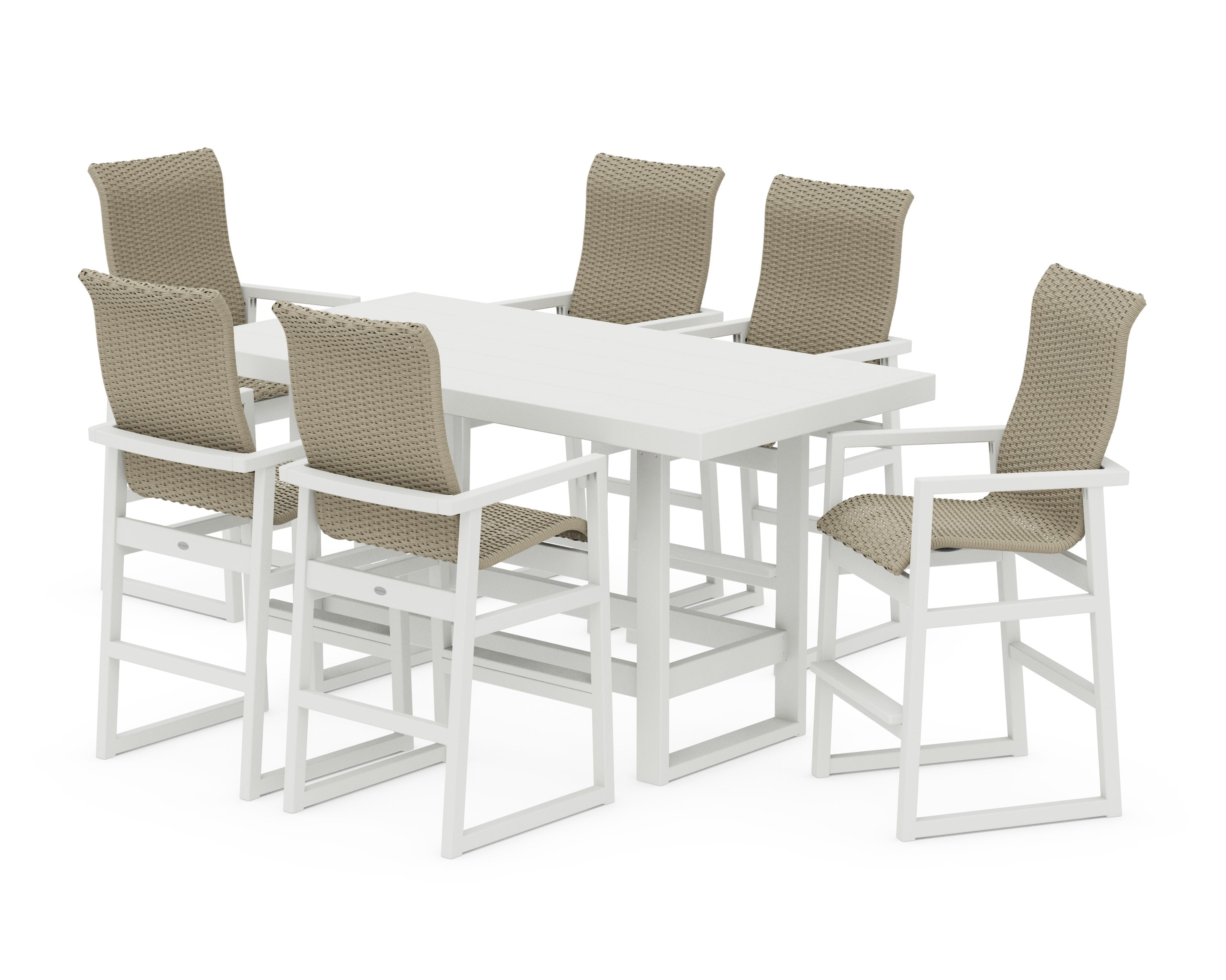 EDGE Woven Highback Arm Chair 7-Piece Bar Set in Vintage White / Dune Grass