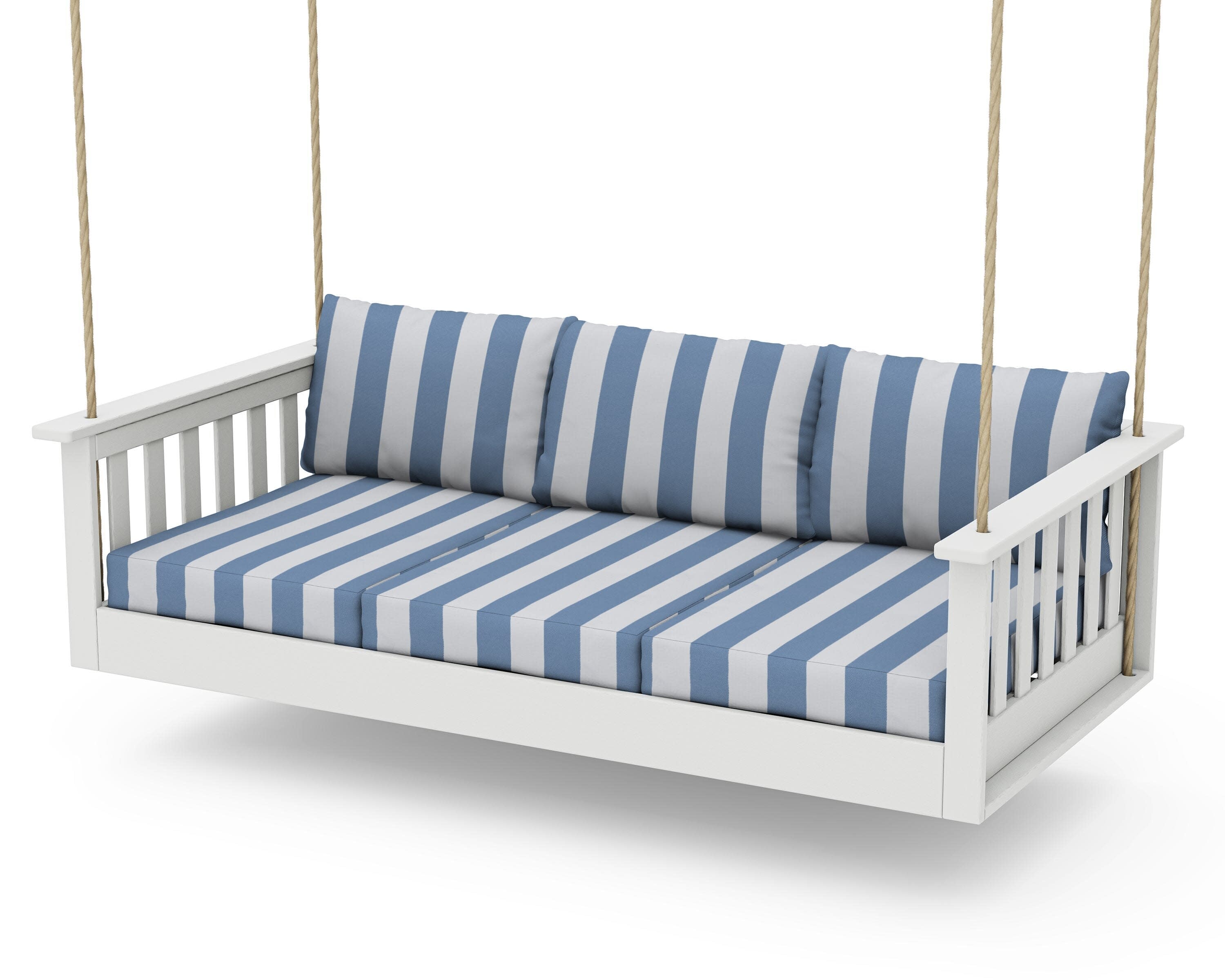 Vineyard Daybed Swing in Vintage White / Cabana Stripe Sky Blue