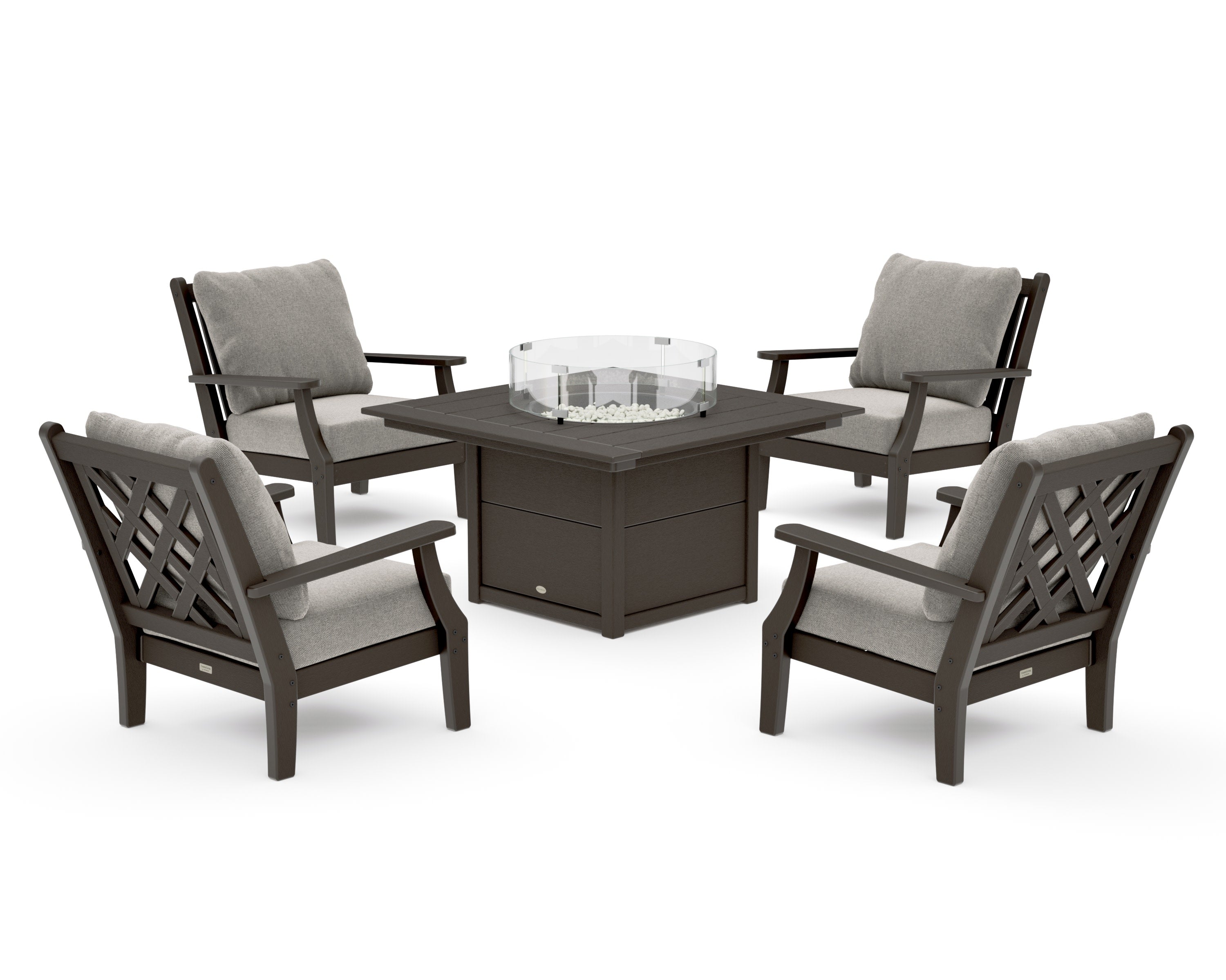 Wovendale 5-Piece Deep Seating Set with Fire Pit Table in Vintage Coffee / Weathered Tweed