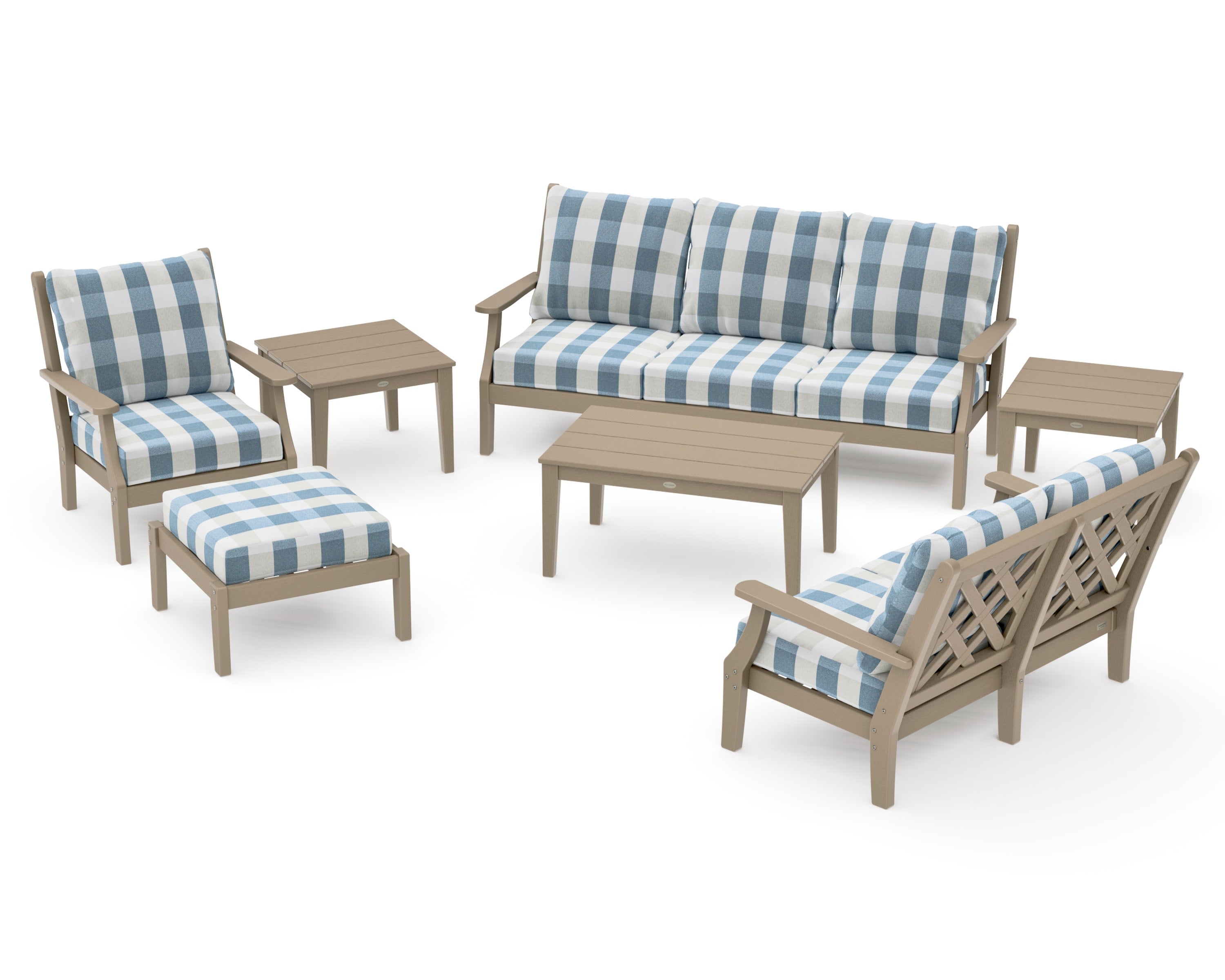 Wovendale 7-Piece Deep Seating Set in Vintage Sahara / Buffalo Plaid Sky Blue