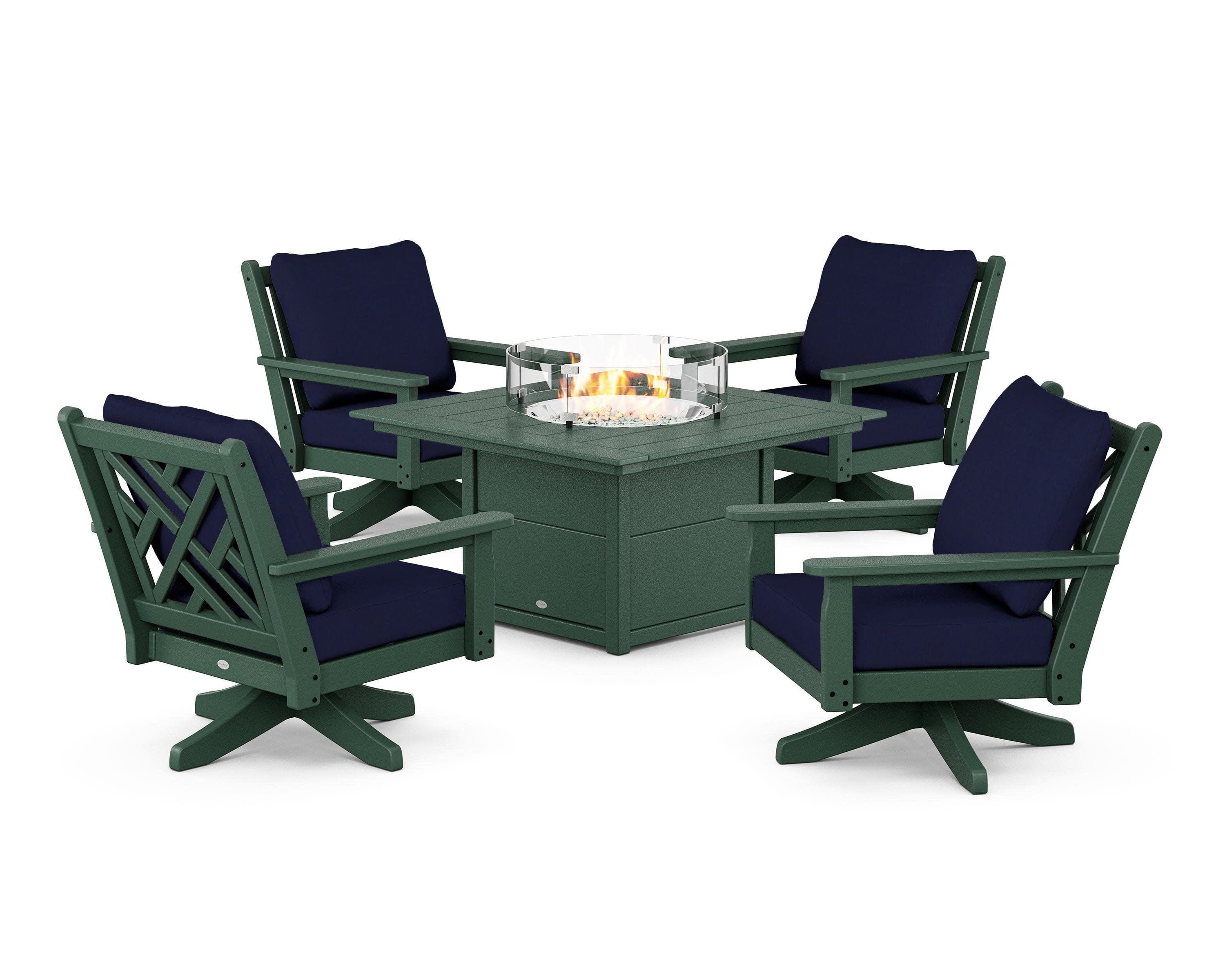Chippendale 5-Piece Deep Seating Swivel Conversation Set with Fire Pit Table in Green / Navy