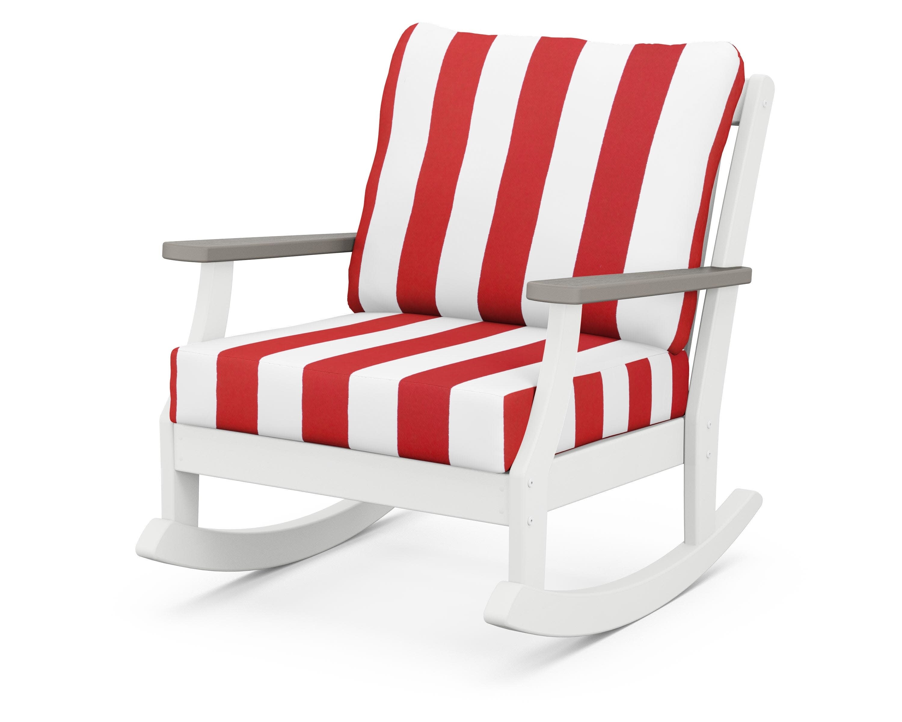 Braxton Deep Seating Rocking Chair in White / Driftwood / Cabana Stripe Crimson