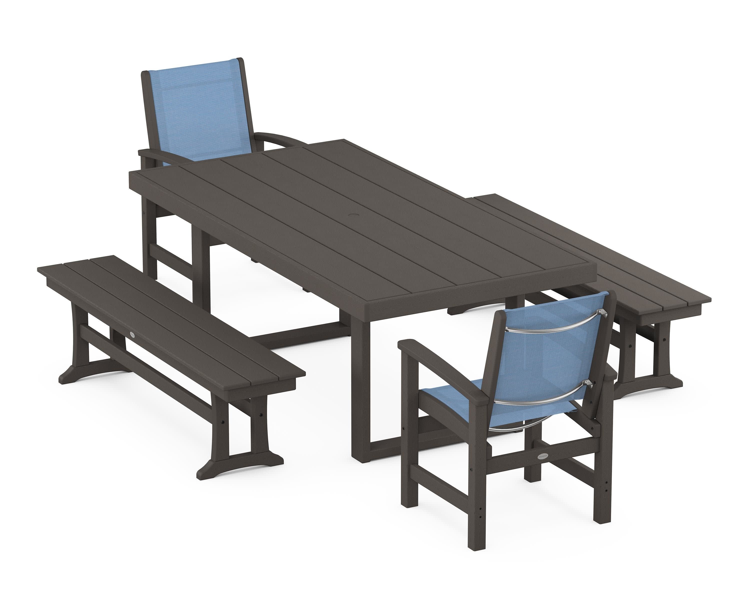 Coastal 5-Piece Dining Set with Trestle Legs in Vintage Coffee / Poolside Sling