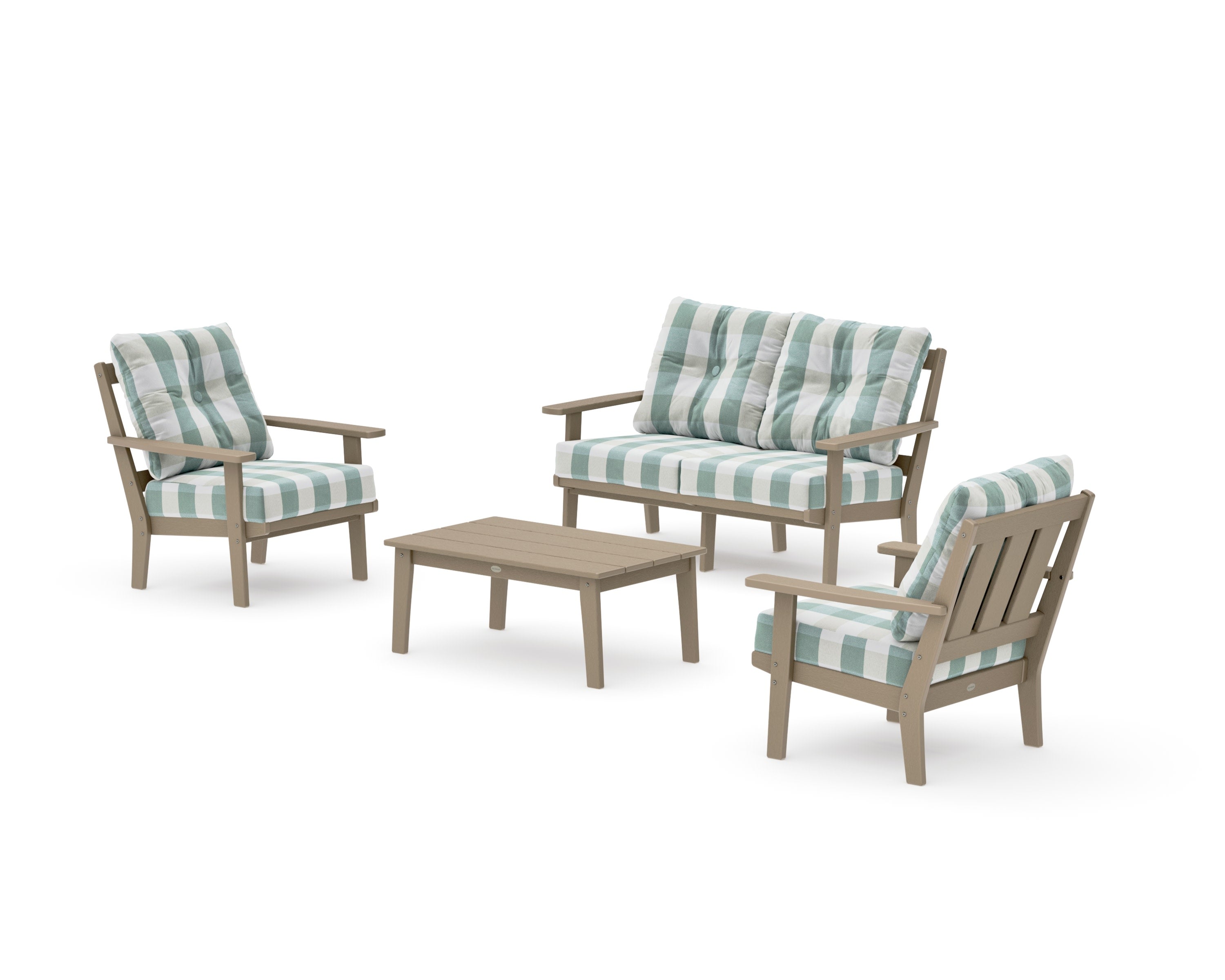 Oxford 4-Piece Deep Seating Set with Loveseat in Vintage Sahara / Buffalo Plaid Glacier Spa