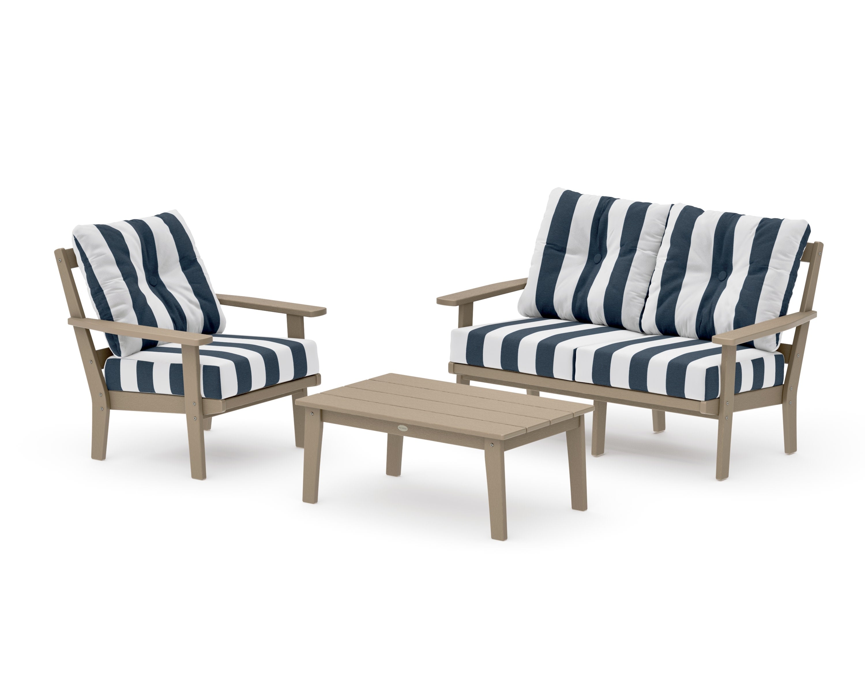 Prairie 3-Piece Deep Seating Set with Loveseat in Vintage Sahara / Cabana Stripe Marine Indigo