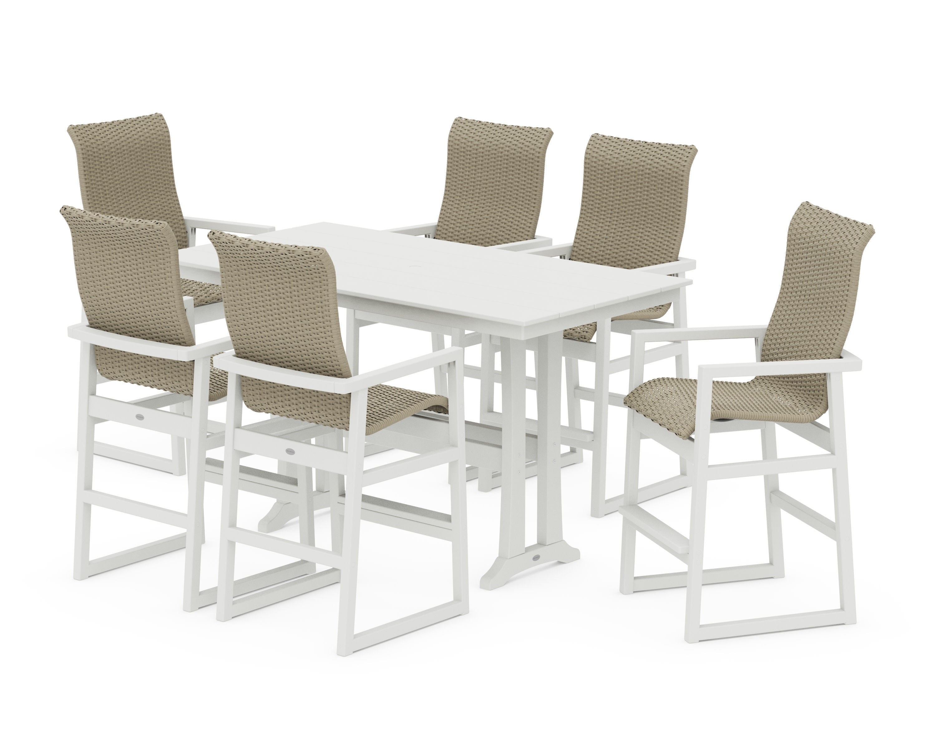EDGE Woven Highback Arm Chair 7-Piece Farmhouse Bar Set with Trestle Legs in White / Dune Grass
