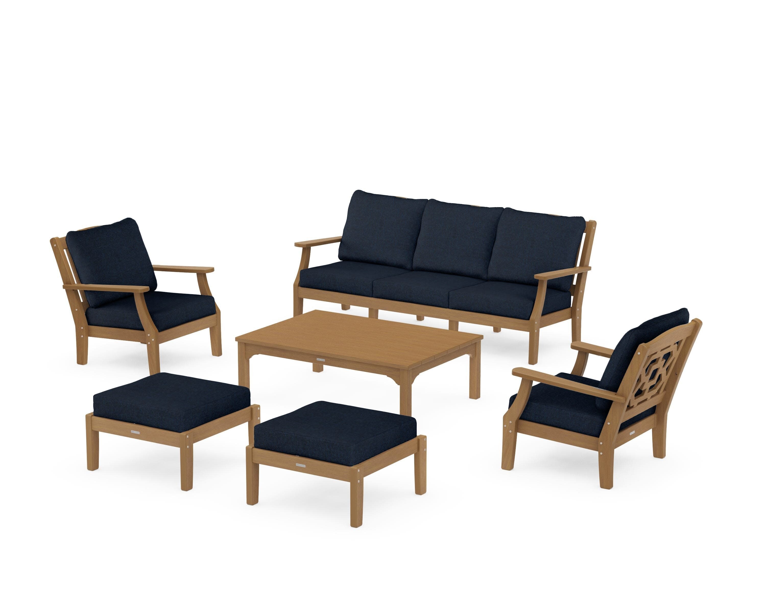 Chinoiserie 6-Piece Lounge Sofa Set in Natural / Marine Indigo