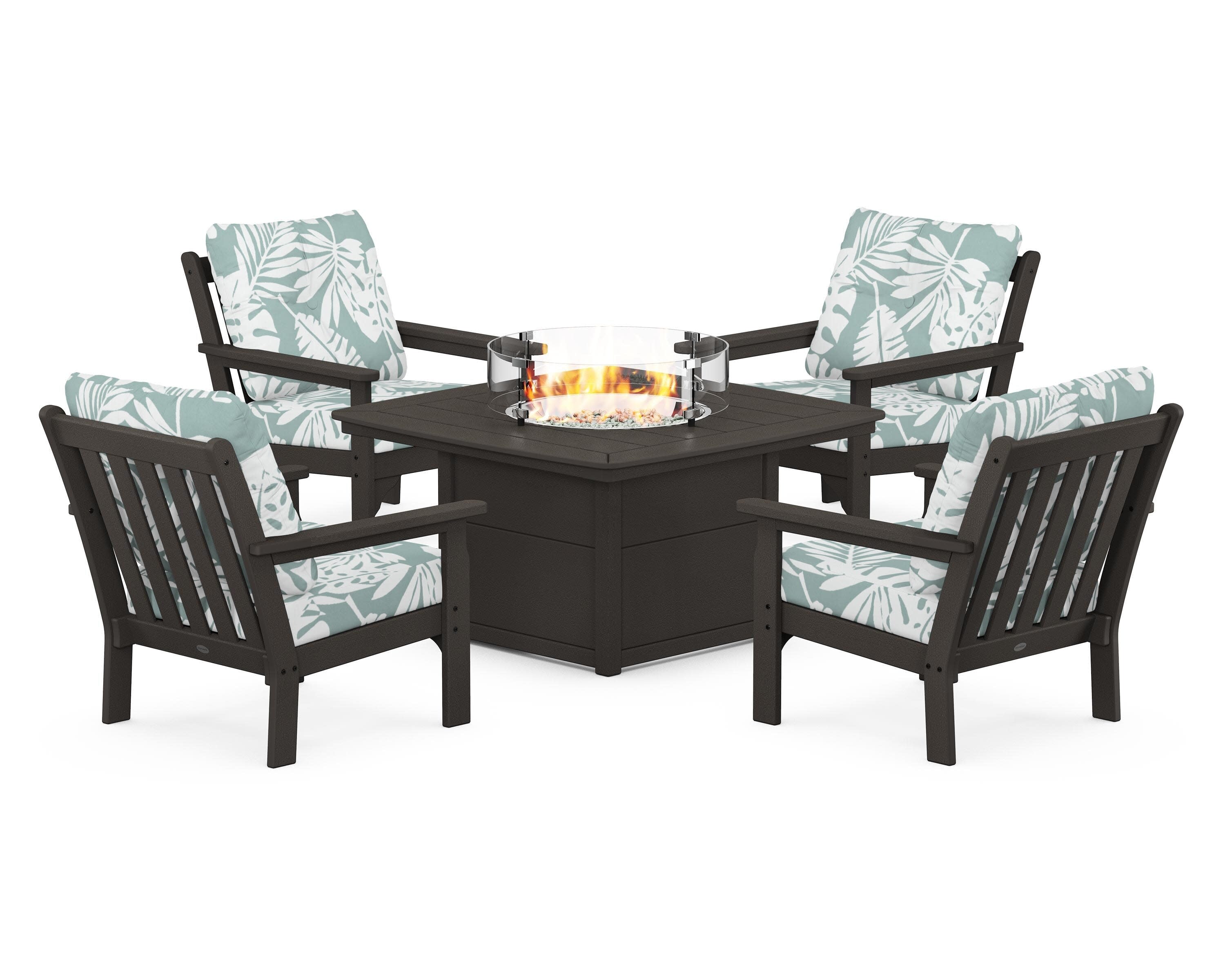 Vineyard 5-Piece Conversation Set with Fire Pit Table in Vintage Coffee / Leaf Glacier Spa