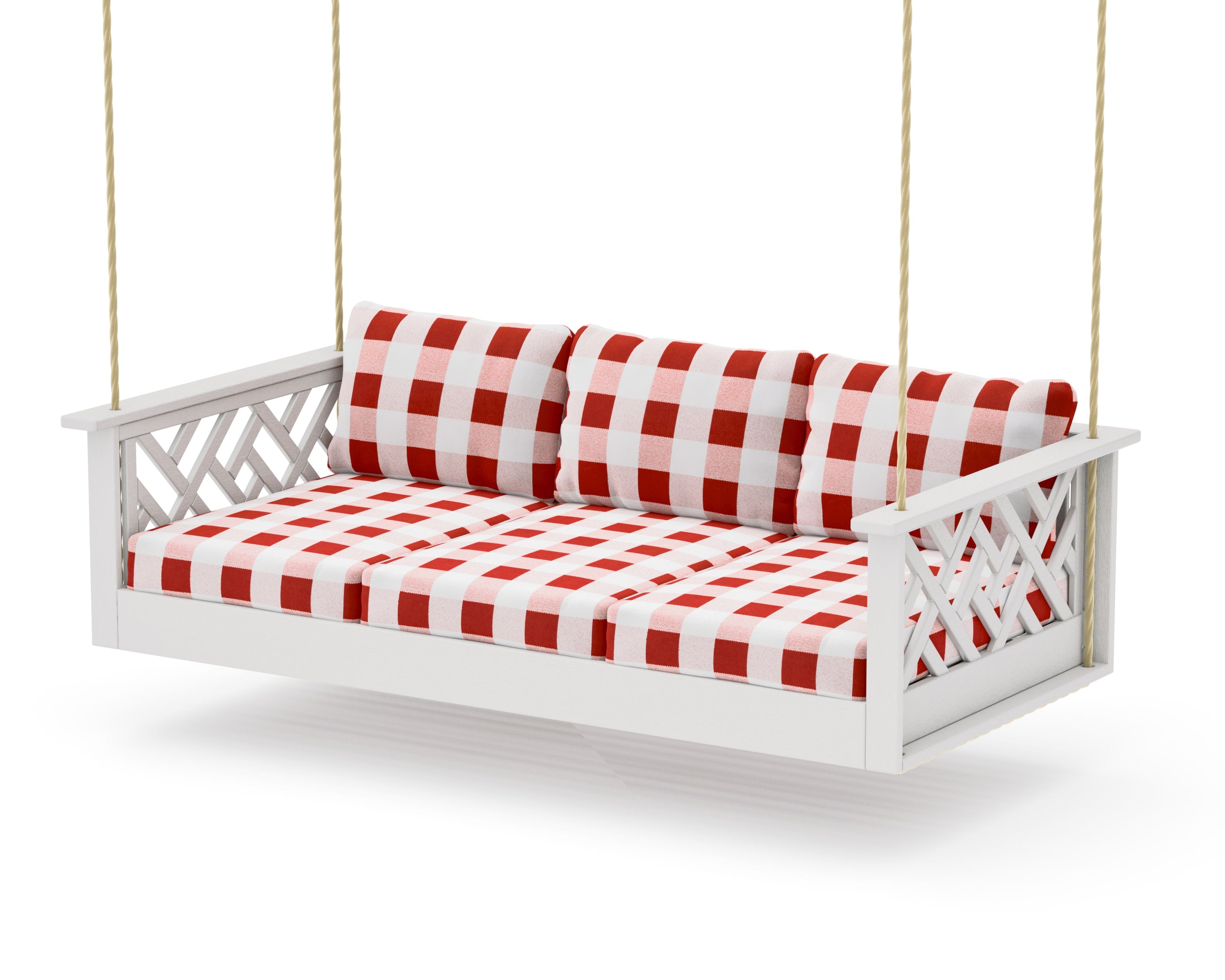 Chippendale Daybed Swing in Vintage White / Buffalo Plaid Crimson