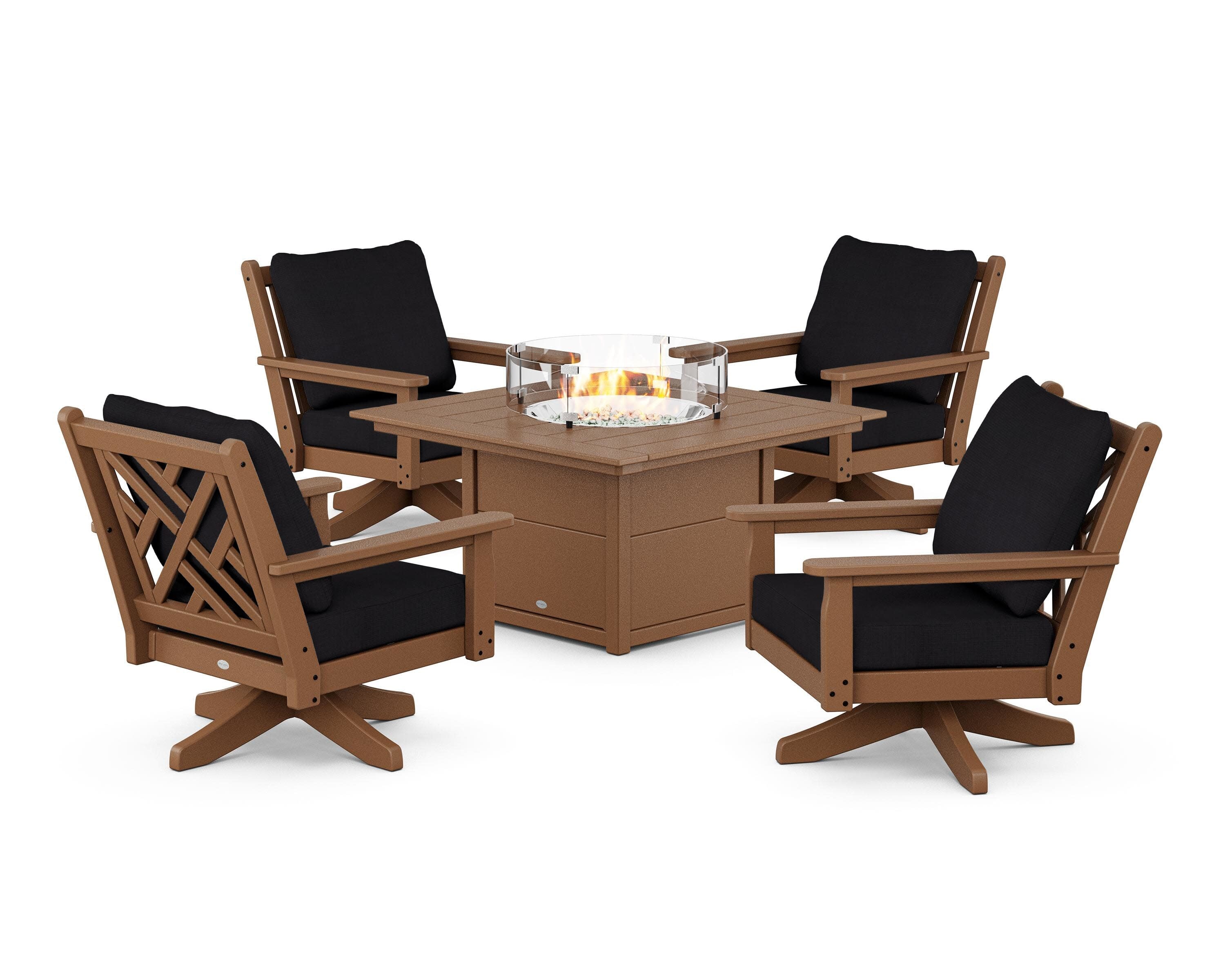 Chippendale 5-Piece Deep Seating Swivel Conversation Set with Fire Pit Table in Teak / Midnight Linen