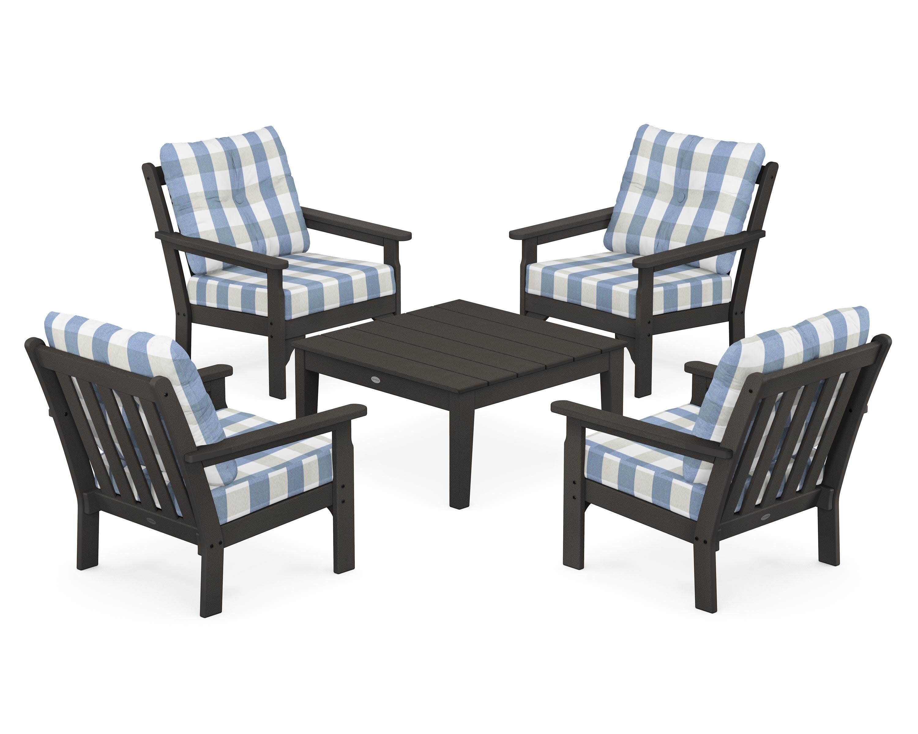 Vineyard 5-Piece Deep Seating Conversation Set in Vintage Coffee / Buffalo Plaid Sky Blue