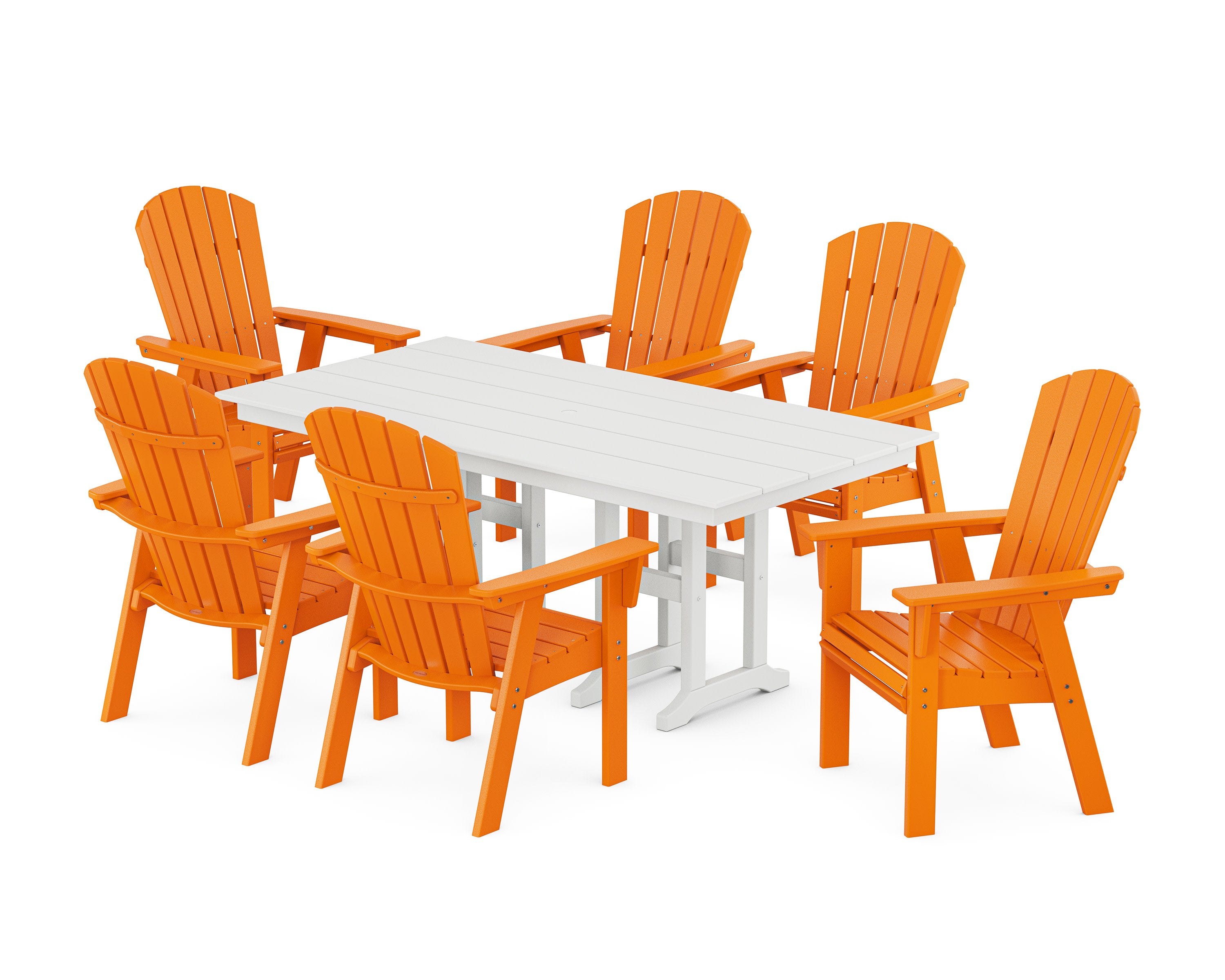 Nautical Curveback Adirondack 7-Piece Farmhouse Dining Set in Tangerine / White