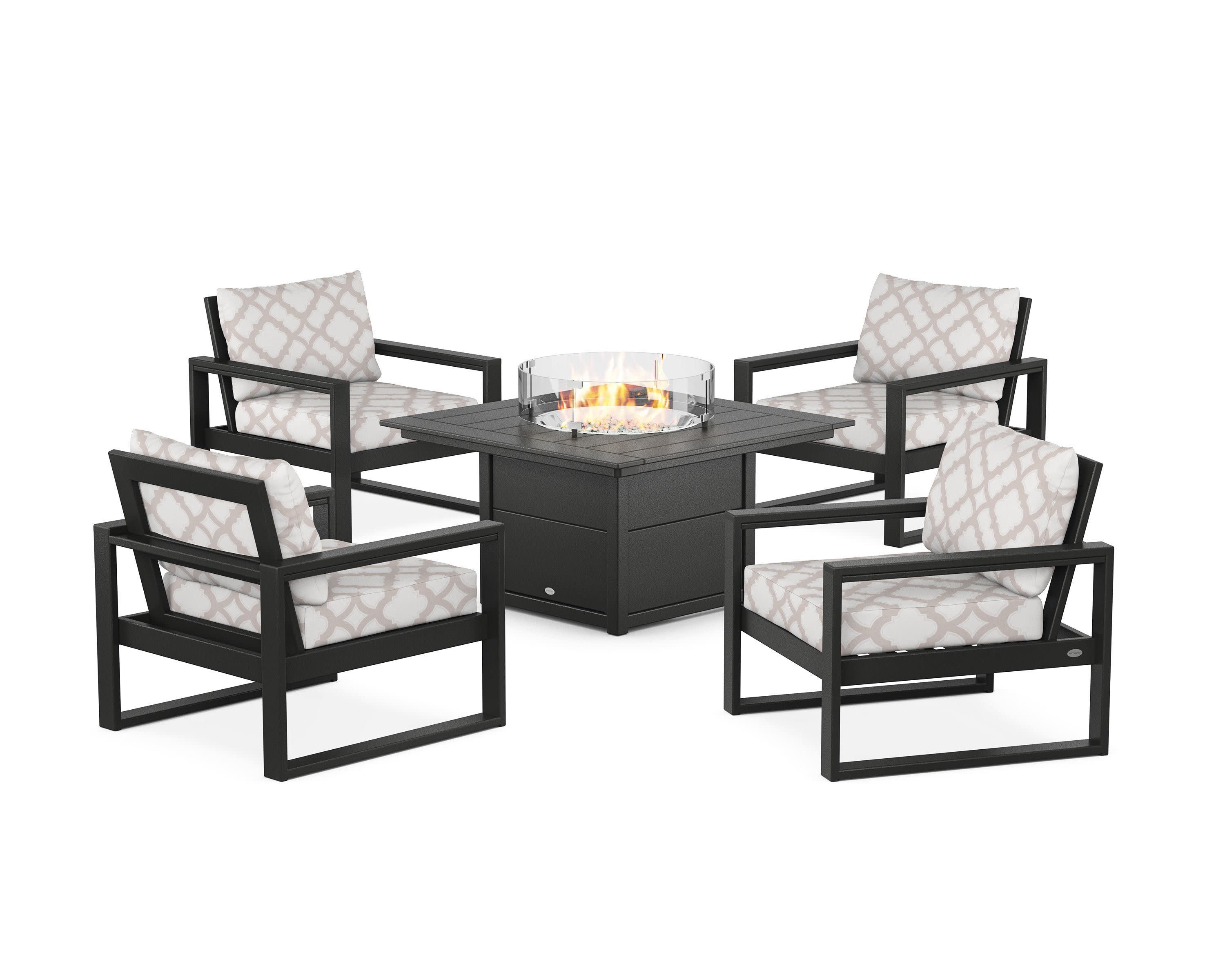 EDGE Sectional 5-Piece Deep Seating Set with Fire Pit Table in Black / Trellis Dune Burlap