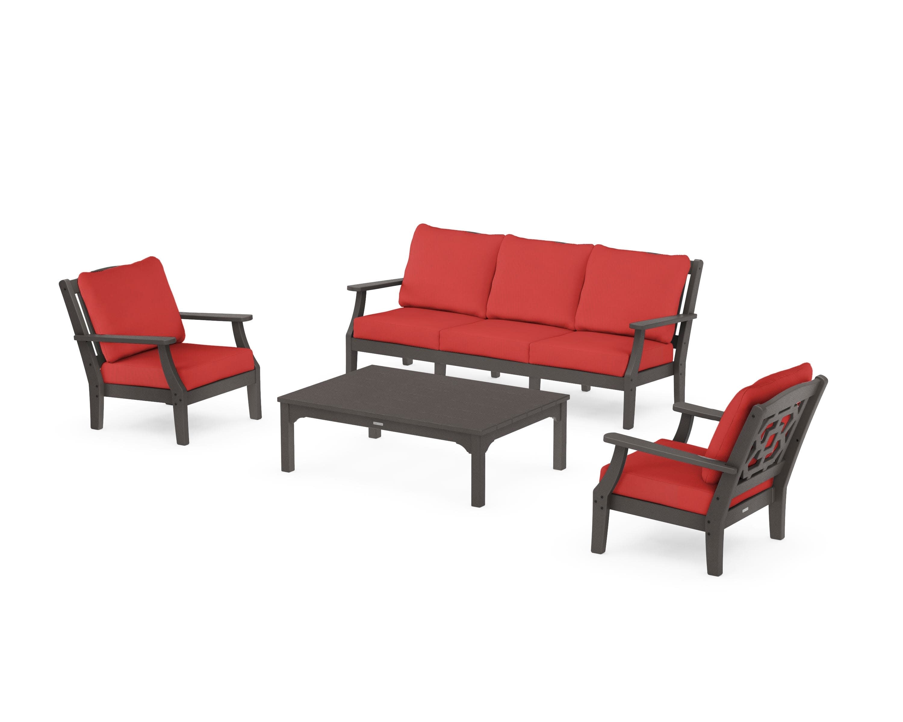 Chinoiserie 4-Piece Deep Seating Set with Sofa in Vintage Coffee / Crimson Linen