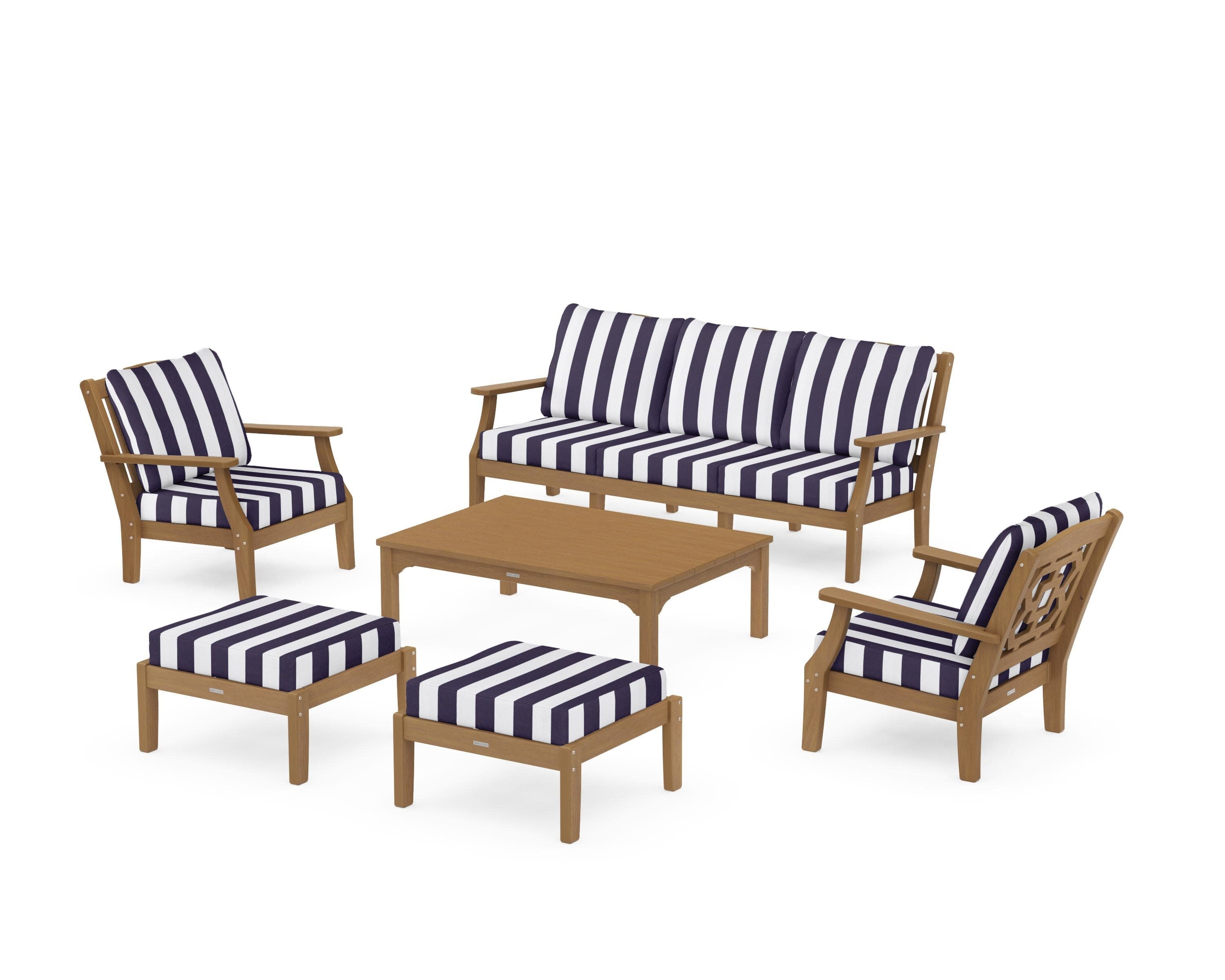 Chinoiserie 6-Piece Lounge Sofa Set in Natural / Cabana Stripe Navy